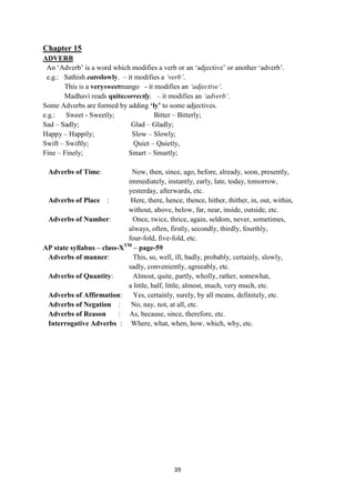 39
Chapter 15
ADVERB
An ‗Adverb‘ is a word which modifies a verb or an ‗adjective‘ or another ‗adverb‘.
e.g.: Sathish eatsslowly. – it modifies a ‘verb’.
This is a verysweetmango - it modifies an ‘adjective’.
Madhavi reads quitecorrectly. – it modifies an ‘adverb’.
Some Adverbs are formed by adding „ly‟ to some adjectives.
e.g.: Sweet - Sweetly; Bitter – Bitterly;
Sad – Sadly; Glad – Gladly;
Happy – Happily; Slow – Slowly;
Swift – Swiftly; Quiet – Quietly,
Fine – Finely; Smart – Smartly;
Adverbs of Time: Now, then, since, ago, before, already, soon, presently,
immediately, instantly, early, late, today, tomorrow,
yesterday, afterwards, etc.
Adverbs of Place : Here, there, hence, thence, hither, thither, in, out, within,
without, above, below, far, near, inside, outside, etc.
Adverbs of Number: Once, twice, thrice, again, seldom, never, sometimes,
always, often, firstly, secondly, thirdly, fourthly,
four-fold, five-fold, etc.
AP state syllabus – class-XTM
– page-59
Adverbs of manner: This, so, well, ill, badly, probably, certainly, slowly,
sadly, conveniently, agreeably, etc.
Adverbs of Quantity: Almost, quite, partly, wholly, rather, somewhat,
a little, half, little, almost, much, very much, etc.
Adverbs of Affirmation: Yes, certainly, surely, by all means, definitely, etc.
Adverbs of Negation : No, nay, not, at all, etc.
Adverbs of Reason : As, because, since, therefore, etc.
Interrogative Adverbs : Where, what, when, how, which, why, etc.
 
