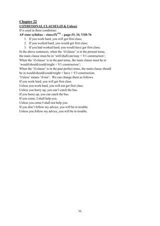 51
Chapter 22
CONDITIONAL CLAUSES (If & Unless)
If is used in three conditions:
AP state syllabus – class-IXTM
– page-33, 34, VIII-76
1. If you work hard, you will got first class;
2. If you worked hard, you would get first class;
3. If you had worked hard, you would have got first class;
In the above sentences, when the ‗if-clause‘ is in the present tense,
the main clause must be in ‗will/shall/can/may + V1 construction‘;
When the ‗if-clause‘ is in the past tense, the main clause must be in
‗would/should/could/might + V1 construction‘;
When the ‗if-clause‘ is in the past perfect tense, the main clause should
be in would/should/could/might + have + V3 construction.
‗Unless‘ means ‗if-not‘: We can change them as follows.
If you work hard, you will get first class.
Unless you work hard, you will not get first class.
Unless you hurry up, you can‘t catch the bus.
If you hurry up, you can catch the bus.
If you come, I shall help you.
Unless you come I shall not help you.
If you don‘t follow my advice, you will be in trouble.
Unless you follow my advice, you will be in trouble.
 
