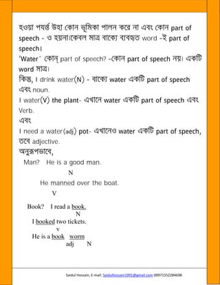 Saidul Hossain, E-mail: Saidulhossain1991@gmail.com 00971552284698
word
part of speech?
I drink water
noun.
I water -
Verb.
I need a water(adj -
adjective.
Man? He is a good man.
N
He manned over the boat.
V
Book? I read a book.
N
I booked two tickets.
v
He is a book worm
adj N
 