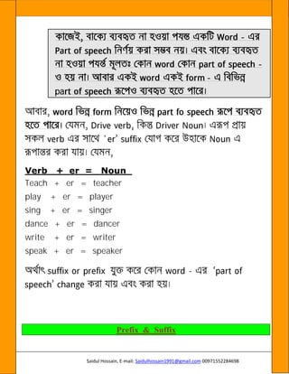 Saidul Hossain, E-mail: Saidulhossain1991@gmail.com 00971552284698
© -
-
-
pa
Verb + er = Noun
Teach + er = teacher
play + er = player
sing + er = singer
dance + er = dancer
write + er = writer
speak + er = speaker
-
Prefix & Suffix
 