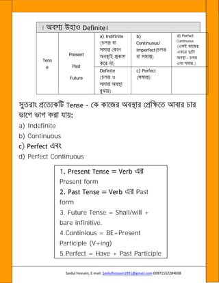 Saidul Hossain, E-mail: Saidulhossain1991@gmail.com 00971552284698
Tens
e
Present
Past
Future
a) Indifinite
(
)
b)
Continuous/
Imperfect(
)
d) Perfect
Continuous
(
)
Definite
(
)
c) Perfect
( )
a) Indefinite
b) Continuous
d) Perfect Continuous
Present form
Past
form
3. Future Tense = Shall/will +
bare infinitive.
4.Continious = BE+Present
Participle (V+ing)
5.Perfect = Have + Past Participle
 