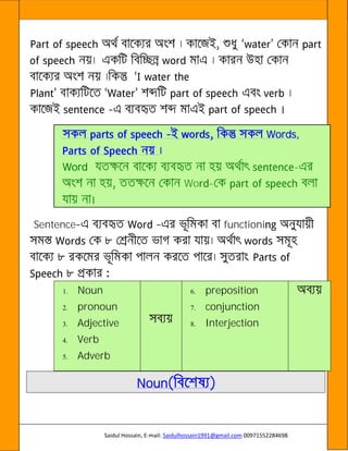 Saidul Hossain, E-mail: Saidulhossain1991@gmail.com 00971552284698
Words,
Word -
Wo -
Sentence functioni
1. Noun
2. pronoun
3. Adjective
4. Verb
5. Adverb
6. preposition
7. conjunction
8. Interjection
Noun
 