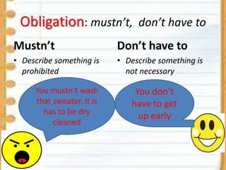 Obligation: mustn’t, don’t have to
Mustn’t

Don’t have to

• Describe something is
prohibited

• Describe something is
not necessary

You mustn’t wash
that sweater. It is
has to be dry
cleaned

You don’t
have to get
up early

 