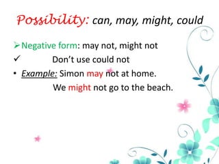 Possibility: can, may, might, could
Negative form: may not, might not

Don’t use could not
• Example: Simon may not at home.
We might not go to the beach.

 
