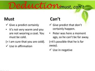 Deduction:must, can’t
Must
 Give a predict certainly
• It’s not very warm and you
are not wearing a coat. You
must be cold.
(= I am sure that you are cold).
 Use in affirmation

Can’t
 Give predict that don’t
certainly happen.
• Peter was here a moment
ago, so he can’t be far away.
(=It’s possible that he is far
away).
 Use in negative

 