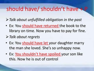 should have/ shouldn’t have + P
Talk about unfulfilled obligation in the past
• Ex: You should have returned the book to the
library on time. Now you have to pay for fine.
Talk about regrets
• Ex: You should have let your daughter marry
the man she loved. She’s so unhappy now.
• Ex: You shouldn’t have spoiled your son like
this. Now he is out of control

 