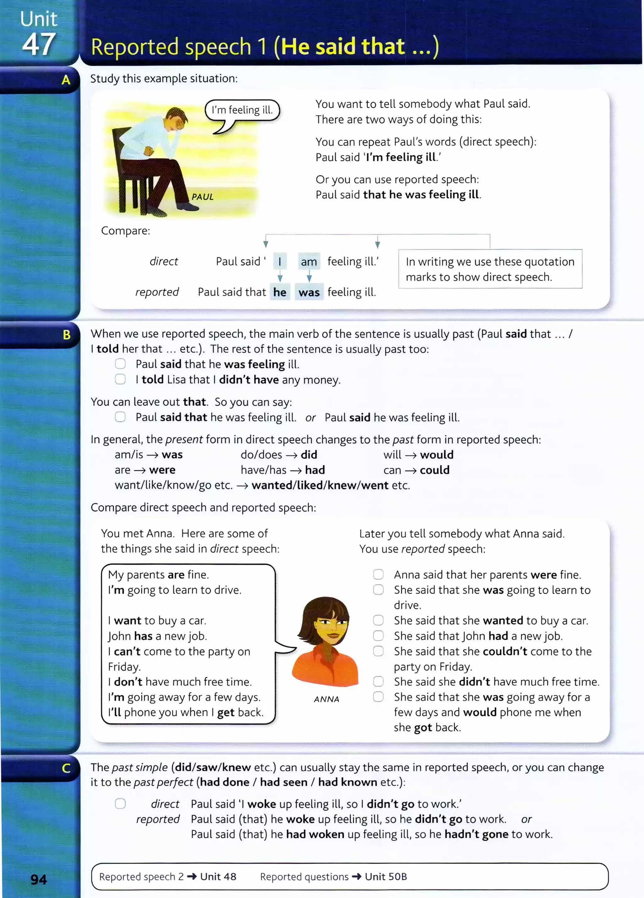 Study this example situation:
Compare:
r-
'
direct Paul said '
'
You want to tell somebody what Paul said.
There are two ways of doing this:
You can repeat Paul's words (direct speech):
Paul said 'I'm feeling ill.'
Or you can use reported speech:
Paul said that he was feeling ill.
• l
am feeling ill.' In writing we use these quotation
• marks to show direct speech.
reported Paul said that he was feeling ill.
When we use reported speech, the main verb of the sentence is usually past (Paul said that ... I
I told her that ... etc.). The rest of the sentence is usually past too:
-=: Paul said that he was feeling ill.
C I told Lisa that I didn't have any money.
You can leave out that. So you can say:
0 Paul said that he was feeling ill. or Paul said he was feeling ill.
In general, the present form in direct speech changes to the past form in reported speech:
am/is ---7 was do/does ---7 did will ---7 would
are ---7 were have/has ---7 had can ---7 could
want/like/know/go etc. ---7 wanted/Liked/knew/went etc.
Compare direct speech and reported speech:
You met Anna. Here are some of
the things she said in direct speech:
My parents are fine.
I'm going to learn to drive.
I want to buy a car.
John has a new job.
I can't come to the party on
Friday.
I don't have much free time.
I'm going away for a few days.
I'Ll phone you when I get back.
' ~
ANNA
Later you tell somebody what Anna said.
You use reported speech:
C Anna said that her parents were fine.
0 She said that she was going to learn to
drive.
0 She said that she wanted to buy a car.
0 She said that John had a new job.
8 She said that she couldn't come to the
party on Friday.
C She said she didn't have much free time.
0 She said that she was going away for a
few days and would phone me when
she got back.
The past simple {did/saw/knew etc.) can usually stay the same in reported speech, or you can change
it to the past perfect (had done I had seen I had known etc.):
0 direct Paul said 'I woke up feeling ill, so I didn't go to work.'
reported Paul said (that) he woke up feeling ill, so he didn't go to work. or
Paul said (that) he had woken up feeling ill, so he hadn't gone to work.
Reported speech 2 -+ Unit 48 Report ed questions -+ Unit SOB
 