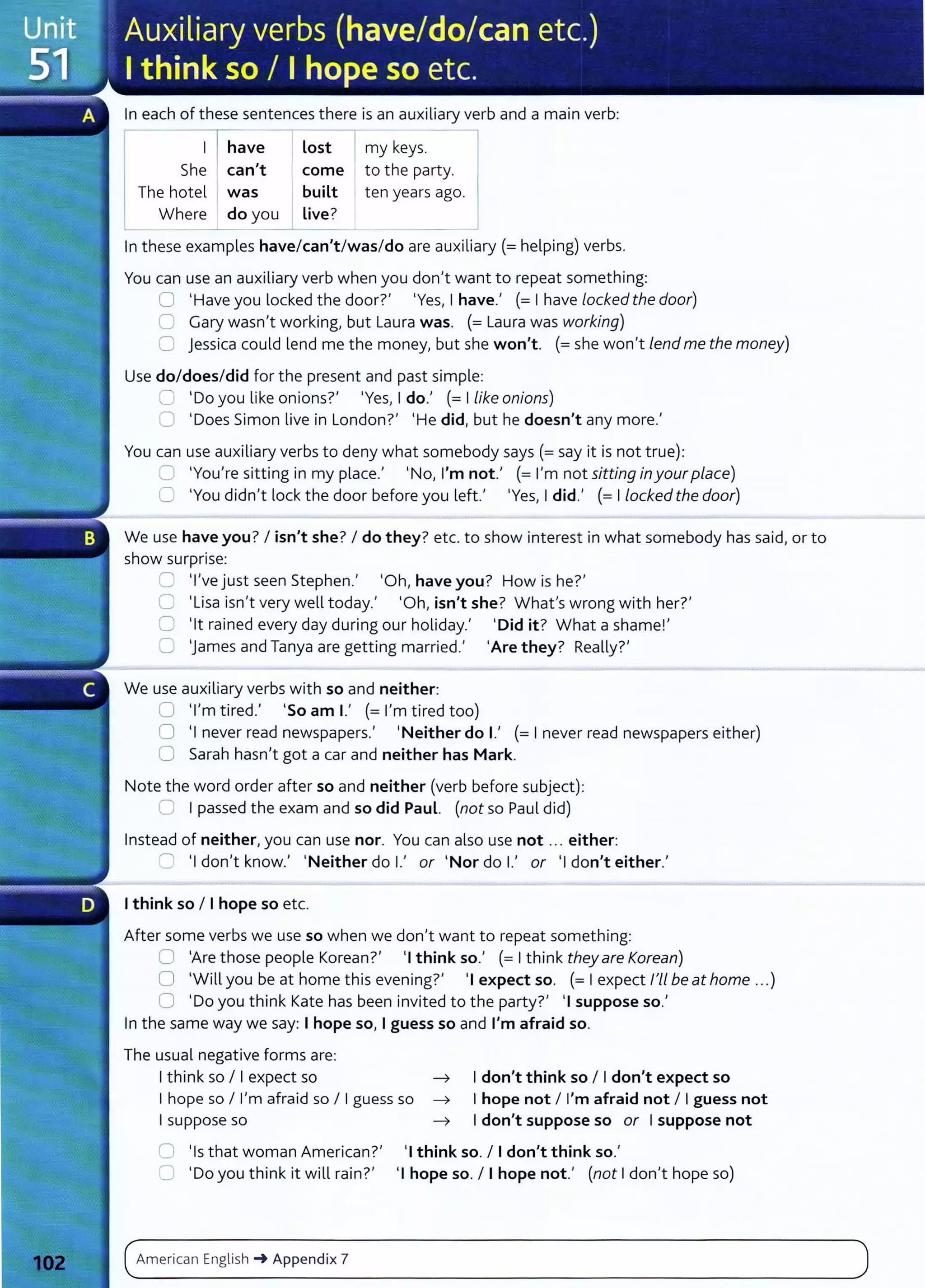 In each of these sentences there is an auxiliary verb and a main verb:
I
have lost I my keys.
She can't come to the party.
The hotel was built ten years ago.
Where do you 1 Live?
In these examples have/can't/was/do are auxiliary (=helping) verbs.
You can use an auxiliary verb when you don't want to repeat something:
0 'Have you locked the door?' 'Yes, I have.' (=I have locked the door)
=Gary wasn't working, but Laura was. (= Laura was working)
0 jessica could lend me the money, but she won't. (=she won't lend me the money)
Use do/does/did for the present and past simple:
0 'Do you like onions?' 'Yes, I do.' (=I like onions)
0 'Does Simon live in London?' 'He did, but he doesn't any more.'
You can use auxiliary verbs to deny what somebody says(= say it is not true):
0 'You're sitting in my place.' 'No, I'm not.' (=I'm not sitting inyourplace)
0 'You didn't lock the door before you left.' 'Yes, I did.' (=I locked the door)
We use have you? I isn't she? I do they? etc. to show interest in what somebody has said, or to
show surprise:
~ 'I've just seen Stephen.' 'Oh, have you? How is he?'
0 'Lisa isn't very well today.' 'Oh, isn't she? What's wrong with her?'
0 'lt rained every day during our holiday.' 'Did it? What a shame!'
0 'James and Tanya are getting married.' 'Are they? Really?'
We use auxiliary verbs with so and neither:
0 'I'm tired.' 'So am 1.' (=I'm tired too)
0 'I never read newspapers.' 'Neither do 1.' (= I never read newspapers either)
0 Sarah hasn't got a car and neither has Mark.
Note the word order after so and neither (verb before subject):
C I passed the exam and so did Paul. (not so Paul did)
Instead of neither, you can use nor. You can also use not ... either:
2 'I don't know.' 'Neither do 1.' or 'Nor do 1
.' or 'I don't either.'
I think so I I hope so etc.
After some verbs we use so when we don't want to repeat something:
0 'Are those people Korean?' 'I think so.' (= I think theyare Korean)
0 'Will you be at home this evening?' 'I expect so. (= I expect I'll beat home ...)
0 'Do you think Kate has been invited to the party?' 'I suppose so.'
In the same way we say: I hope so, I guess so and I'm afraid so.
The usual negative forms are:
I think so I I expect so ___,
I hope so I I'm afraid so I I guess so ___,
I suppose so ___,
I don't think so I I don't expect so
I hope not I I'm afraid not I I guess not
I don't suppose so or I suppose not
0 'Isthat woman American?'
(; 'Do you think it will rain ?'
'I think so. I I don't think so.'
'I hope so. I I hope not.' (not I don't hope so)
c~
A_m_e_r_
ic_
a_
n_
E_
ng
_l_
is_h_~
__
A_P_P_
e_nd_i_
x_7____________________________________________________
)
 