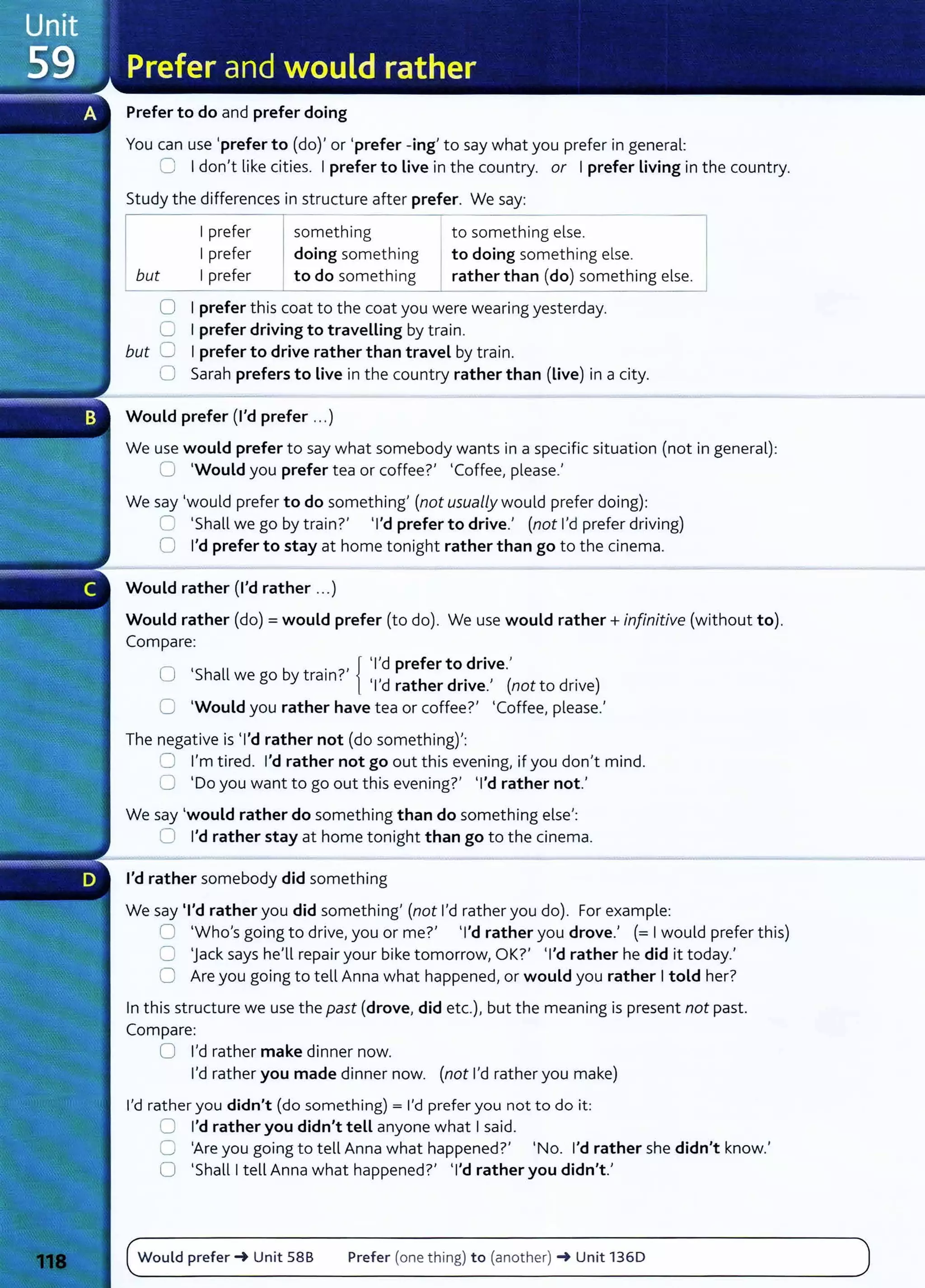 Prefer to do and prefer doing
You can use 'prefer to (do)' or 'prefer -ing' to say what you prefer in general:
0 Idon't like cities. I prefer to Live in the country. or I prefer Living in the country.
Study the differences in structure after prefer. We say:
but
I prefer
I prefer
I prefer
something
doing something
to do something
to something else.
. to doing something else.
rather than (do) something else.
0 I prefer this coat to the coat you were wearing yesterday.
0 I prefer driving to travelling by train.
but 0 I prefer to drive rather than travel by train.
0 Sarah prefers to Live in the country rather than (Live) in a city.
Would prefer (I'd prefer ... )
We use would prefer to say what somebody wants in a specific situation (not in general):
0 'Would you prefer tea or coffee?' 'Coffee, please.'
We say 'would prefer to do something' (not usually would prefer doing):
C 'Shall we go by train?' 'I'd prefer to drive.' (not I'd prefer driving)
0 I'd prefer to stay at home tonight rather than go to the cinema.
Would rather (I'd rather ...)
Would rather {do)= would prefer (to do). We use would rather+ infinitive {without to).
Compare:
0 , h ll b . 7 , { 'I'd prefer to drive.'
S a we go y tram. 'I'd h d . , ( d . )
rat er nve. not to nve
0 'Would you rather have tea or coffee?' 'Coffee, please.'
The negative is 'I'd rather not (do somethingf:
0 I'm tired. I'd rather not go out this evening, if you don't mind.
0 'Do you want to go out this eveningt 'I'd rather not.'
We say 'would rather do something than do something else':
0 I'd rather stay at home tonight than go to the cinema.
I'd rather somebody did something
We say 'I'd rather you did something' (not I'd rather you do). For example:
0 'Who's going to drive, you or me?' 'I'd rather you drove.' (= Iwould prefer this)
0 'Jack says he'll repair your bike tomorrow, OK?' 'I'd rather he did it today.'
0 Are you going to tell Anna what happened, or would you rather Itold her?
In this structure we use the past {drove, did etc.), but the meaning is present not past.
Compare:
0 I'd rather make dinner now.
I'd rather you made dinner now. (not I'd rather you make)
I'd rather you didn't (do something) = I'd prefer you not to do it:
0 I'd rather you didn't tell anyone what Isaid.
0 'Are you going to tell Anna what happened?' 'No. I'd rather she didn't know.'
0 'Shall Itell Anna what happened?' 'I'd rather you didn't.'
Would prefer_. Unit 58B Prefer (one thing) to (another) ... Unit 1360
 