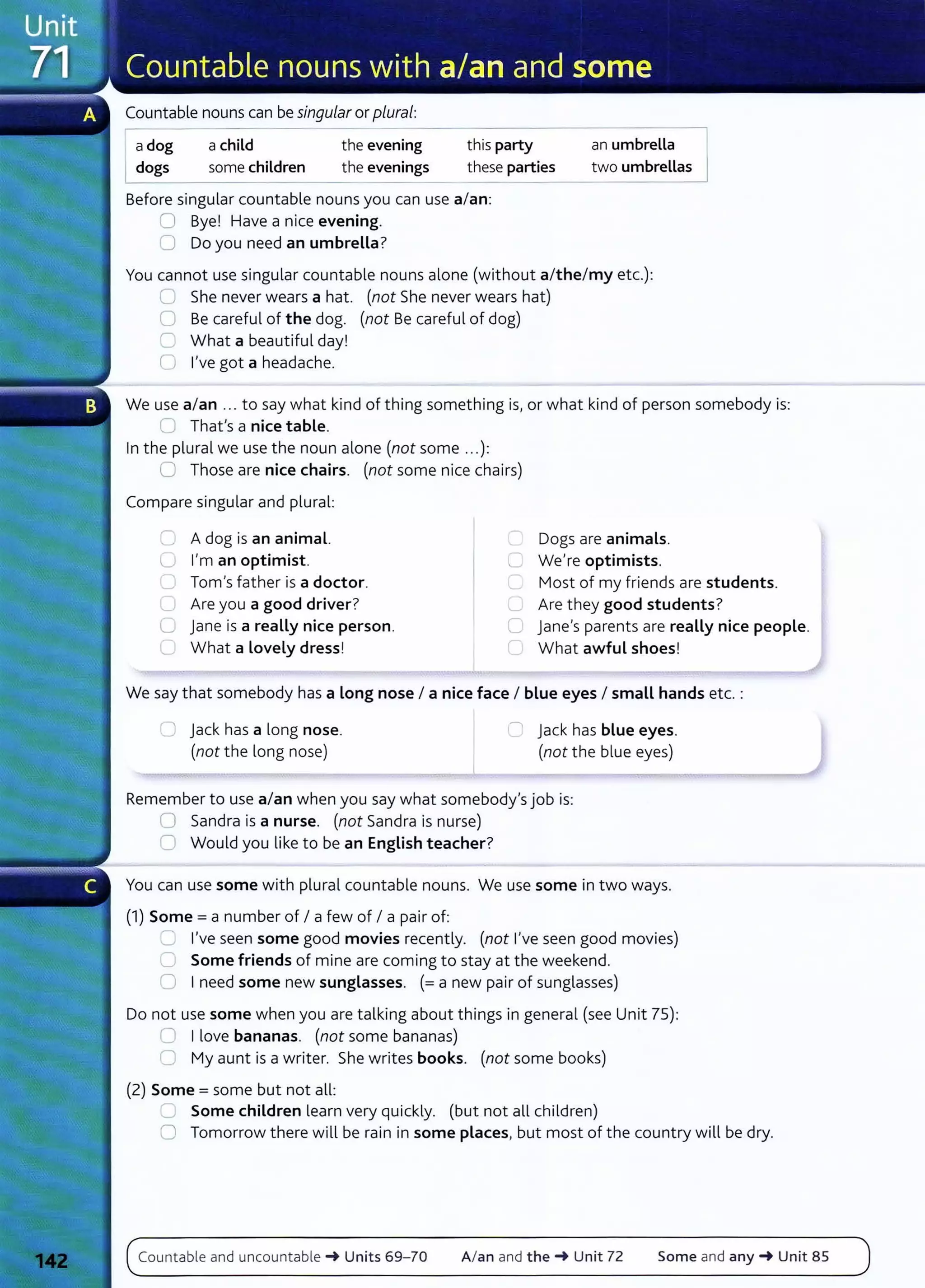 Countable nouns can be singular or plural:
a dog
1 dogs
a child
some children
the evening
the evenings
this party
these parties
an umbrella
two umbrellas
Before singular countable nouns you can use a/an:
0 Bye! Have a nice evening.
0 Do you need an umbrella?
You cannot use singular countable nouns alone (without a/the/ my etc.):
G She never wears a hat. (not She never wears hat)
0 Be careful of the dog. (not Be careful of dog)
C What a beautiful day!
0 I've got a headache.
We use a/an ... to say what kind of thing something is, or what kind of person somebody is:
0 Thafs a nice table.
In the plural we use the noun alone (not some .. .):
0 Those are nice chairs. (not some nice chairs)
Compare singular and plural:
C A dog is an animal.
C I'm an optimist.
C Tom's father is a doctor.
C Are you a good driver?
C jane is a really nice person.
C What a lovely dress!
Dogs are animals.
C We're optimists.
L...; Most of my friends are students.
..___ Are t hey good students?
C jane's parents are really nice people.
C What awful shoes!
We say that somebody has a long nose I a nice face I blue eyes I small hands etc. :
C jack has a long nose.
(not the long nose)
n jack has blue eyes.
(not the blue eyes)
Remember to use a/an when you say what somebody's job is:
0 Sandra is a nurse. (not Sandra is nurse)
0 Would you like to be an English teacher?
You can use some with plural countable nouns. We use some in two ways.
(1) Some = a number of I a few of I a pair of:
L.J I've seen some good movies recent ly. (not I've seen good movies)
0 Some friends of mine are coming to stay at the weekend.
0 I need some new sunglasses. (= a new pair of sunglasses)
Do not use some when you are talking about things in general (see Unit 75):
0 I love bananas. (not some bananas)
C My aunt is a writer. She writes books. (not some books)
(2) Some = some but not all:
-......) Some children learn very quickly. (but not all children)
0 Tomorrow there will be rain in some places, but most of the country will be dry.
Countable and uncountable -+ Units 69- 70 A/ an and t he -+ Unit 72 Some and any-+ Unit 85
 