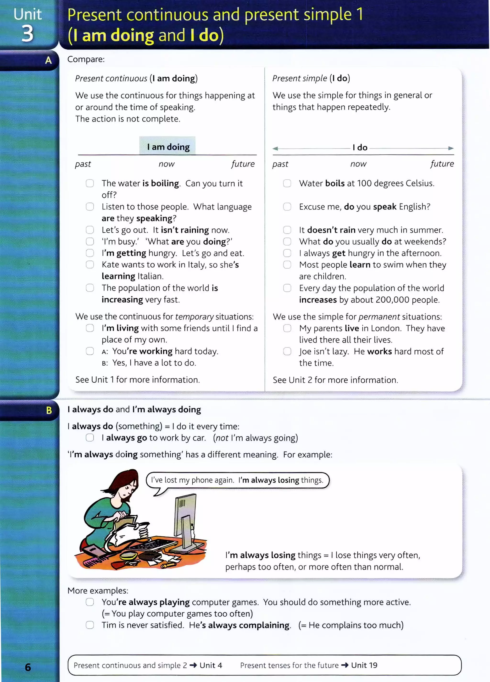 Compare:
Present continuous (I am doing)
We use the continuous for things happening at
or around the time of speaking.
The action is not complete.
I am doing
past now future
0 The water is boiling. Can you turn it
off?
0 Listen to those people. What language
are they speaking?
0 Let's go out. lt isn't raining now.
0 'I'm busy.' 'What are you doing?'
0 I'm getting hungry. Let's go and eat.
c Kate wants to work in Italy, so she's
Learning Italian.
c The population of the world is
increasing very fast.
We use the continuous for temporary situations:
C) I'm Living with some friends until I find a
place of my own.
0 A: You're working hard today.
B: Yes, I have a lot to do.
See Unit 1 for more information.
I always do and I'm always doing
I always do (something) = I do it every time:
Present simple (I do)
We use the simple for things in general or
things that happen repeatedly.
.__ I do
past now future
'--- Water boils at 100 degrees Celsius.
0 Excuse me, do you speak English?
c lt doesn't rain very much in summer.
c What do you usually do at weekends?
0 I always get hungry in the afternoon.
0 Most people Learn to swim when they
are children.
,...--
Every day the population of the world
I._..
increases by about 200,000 people.
We use the simple for permanent situations:
0 My parents Live in London. They have
lived there all their lives.
C joe isn,t lazy. He works hard most of
the t ime.
See Unit 2 for more information.
0 I always go to work by car. (not I'm always going)
'I'm always doing something' has a different meaning. For example:
More examples:
I'm always losing things.
I'm always Losing things = I lose t hings very often,
perhaps too often, or more often than normal.
0 You're always playing computer games. You should do something more active.
(=You play computer games too often)
0 Tim is never satisfied. He's always complaining. (=He complains too much)
Present continuous and simple 2 -+ Unit 4 Present t enses for the future -+ Unit 19
 