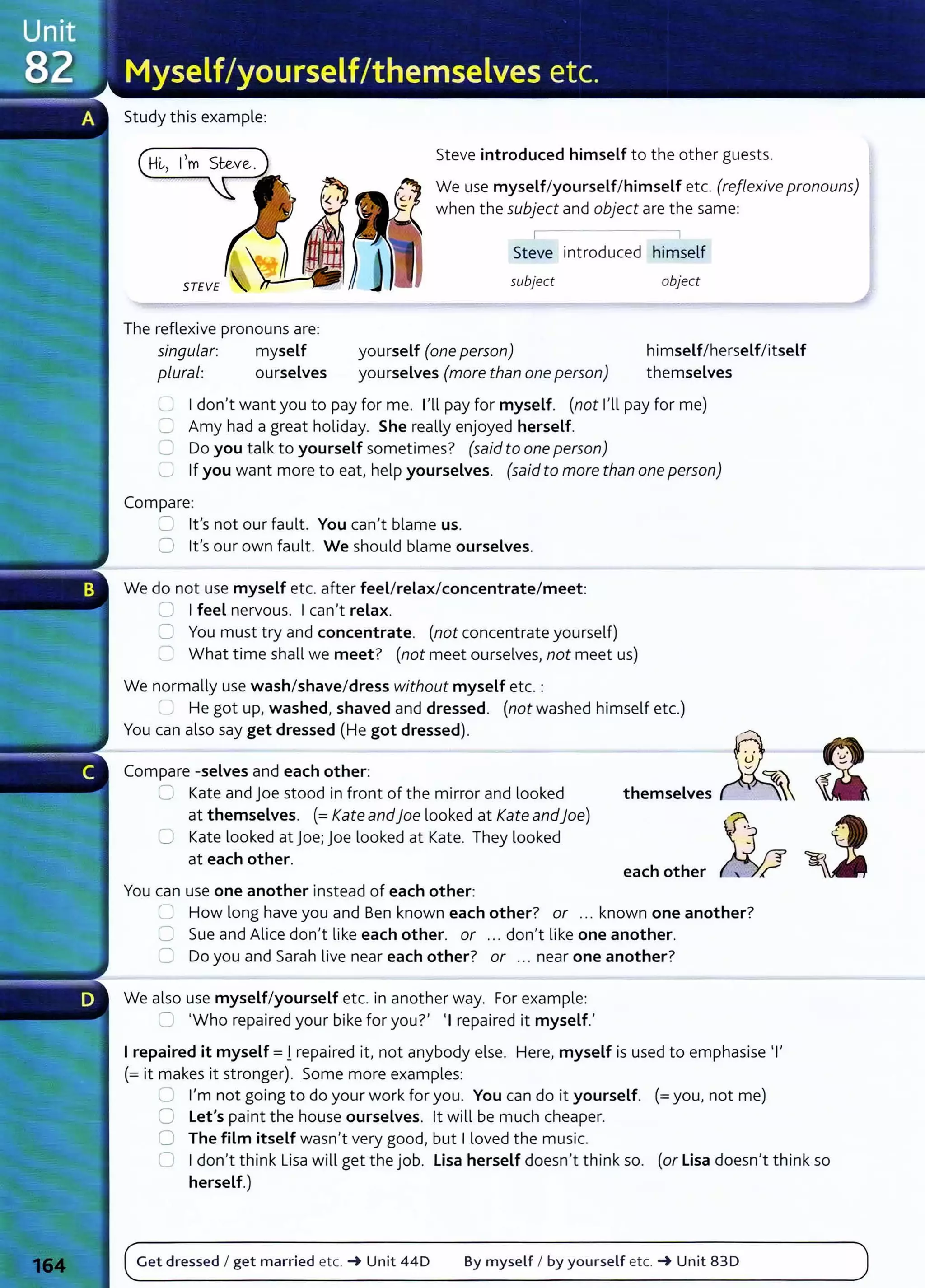 Study this example:
Steve introduced himself to the other guests.
We use myself/yourself/himself etc. (reflexive pronouns)
when the subject and object are the same:
-,
Steve introduced himself
The reflexive pronouns are:
singular: myself
plural: ourselves
subject
yourself (one person)
yourselves (more than one person)
object
himself/herself/itself
themselves
~ I don't want you to pay for me. I'll pay for myself. (not I'll pay for me)
C Amy had a great holiday. She really enjoyed herself.
C Do you talk to yourself sometimes? (said to one person)
0 If you want more to eat, help yourselves. (said to more than one person)
Compare:
C. lt's not our fault. You can't blame us.
0 lt's our own fault. We should blame ourselves.
We do not use myself etc. after feel/relax/concentrate/meet:
0 I feel nervous. I can't relax.
0 You must try and concentrate. (not concentrate yourself)
C What time shall we meet? (not meet ourselves, not meet us)
We normally use wash/shave/ dress without myself etc. :
He got up, washed, shaved and dressed. (not washed himself etc.)
You can also say get dressed (He got dressed).
Compare -selves and each other:
0 Kate and Joe stood in front of the mirror and looked
at themselves. (= Kateandjoe looked at Kateandjoe)
0 Kate looked at joe; joe looked at Kate. They looked
at each other.
You can use one another instead of each other:
themselves ~
each other ~ ~
2 How long have you and Ben known each other? or ... known one another?
C Sue and Alice don't like each other. or ... don't like one another.
._) Do you and Sarah live near each other? or ... near one another?
We also use myself/yourself etc. in another way. For example:
~ 'Who repaired your bike for you?' 'I repaired it myself.'
I repaired it myself =! repaired it, not anybody else. Here, myself is used to emphasise 'I'
(= it makes it stronger). Some more examples:
'---' I'm not going to do your work for you. You can do it yourself. (=you, not me)
0 let's paint the house ourselves. lt will be much cheaper.
0 The film itself wasn't very good, but I loved the music.
C I don't think Lisa will get the job. lisa herself doesn't think so. (or lisa doesn't think so
herself.)
Get dressed I get married etc. ~ Unit 44D By myself I by yourself etc. ~ Unit 83D
 