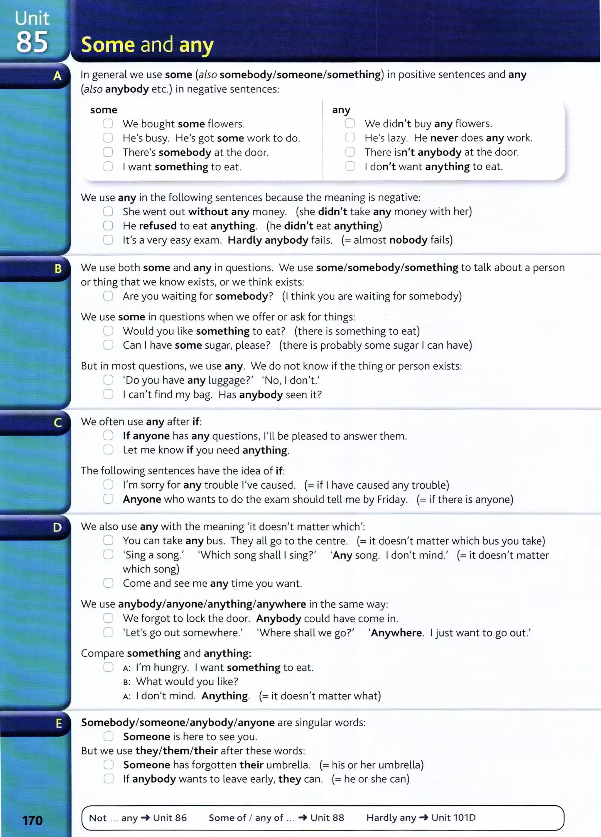 In general we use some (also somebody/someone/something) in positive sentences and any
(also anybody etc.) in negative sentences:
some any
~ We bought some flowers. C We didn't buy any flowers.
CJ He's busy. He's got some work to do.
0 There's somebody at the door.
8 Iwant something to eat.
0 He's lazy. He never does any work.
:J There isn't anybody at the door.
8 Idon't want anything to eat.
We use any in the following sentences because the meaning is negative:
8 She went out without any money. (she didn't take any money with her)
0 He refused to eat anything. (he didn't eat anything)
0 it's a very easy exam. Hardly anybody fails. (=almost nobody fails)
We use both some and any in questions. We use some/somebody/something to talk about a person
or thing that we know exists, or we think exists:
0 Are you waiting for somebody? (I think you are waiting for somebody)
We use some in questions when we offer or ask for things:
0 Would you like something to eat? (there is something to eat)
C Can I have some sugar, please? (there is probably some sugar Ican have)
But in most questions, we use any. We do not know if the thing or person exists:
C 'Do you have any luggage?' 'No, Idon't.'
0 Ican't find my bag. Has anybody seen it?
We often use any after if:
0 If anyone has any questions, I'll be pleased to answer them.
C Let me know if you need anything.
The following sentences have the idea of if:
C I'm sorry for any trouble I've caused. (=if I have caused any trouble)
0 Anyone who wants to do the exam should tell me by Friday. (=if there is anyone)
We also use any with the meaning 'it doesn't matter which':
CJ You can take any bus. They all go to the centre. (=it doesn't matter which bus you take)
0 'Sing a song.' 'Which song shall Ising?' 'Any song. Idon't mind.' (=it doesn't matter
which song)
0 Come and see me any time you want.
We use anybody/anyone/anything/anywhere in the same way:
0 We forgot to lock the door. Anybody could have come in.
0 'Let's go out somewhere.' 'Where shall we go?' 'Anywhere. Ijust want to go out.'
Compare something and anything:
C A: I'm hungry. Iwant something to eat.
s: What would you like?
A: Idon't mind. Anything. (= it doesn't matter what)
Somebody/someone/anybody/anyone are singular words:
_:= Someone is here to see you.
But we use they/them/their after these words:
C1 Someone has forgotten their umbrella. (=his or her umbrella)
C If anybody wants to leave early, they can. (= he or she can)
Not .. . any-+ Unit 86 Some of I any of ... -+ Unit 88 Hardly any-+ Unit 1010
 
