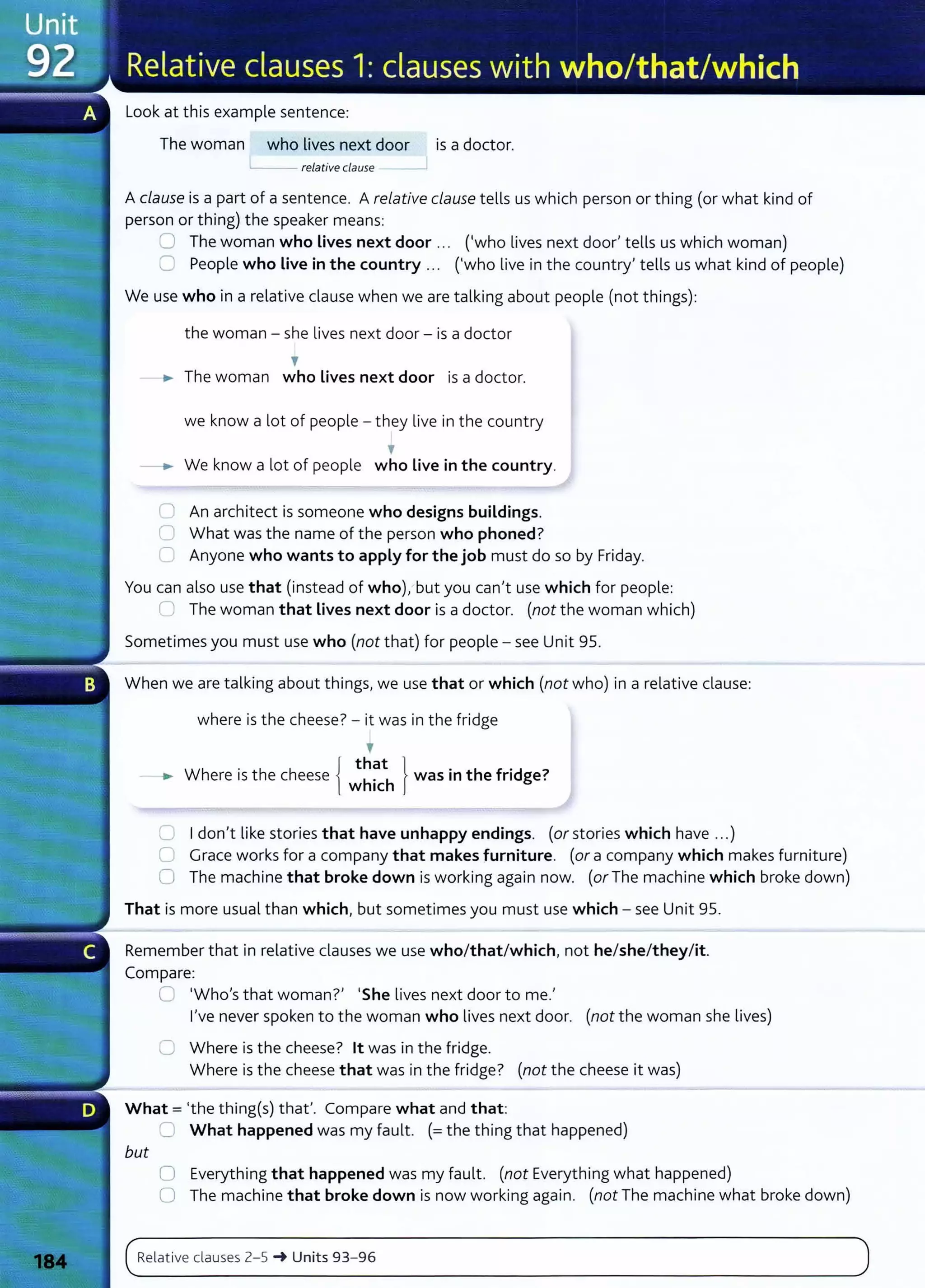Look at this example sentence:
The woman who lives next door is a doctor.
'---- relative clause
A clause is a part of a sentence. A relative clause tells us which person or thing (or what kind of
person or thing) the speaker means:
0 The woman who Lives next door ... ('who lives next door' tells us which woman)
0 People who live in the country ... ('who live in the country' tells us what kind of people)
We use who in a relative clause when we are talking about people (not things):
the woman- she lives next door- is a doctor
'
-~ The woman who lives next door is a doctor.
we know a lot of people - they live in the country
'
-~ We know a lot of people who live in the country.
0 An architect is someone who designs buildings.
C What was the name of the person who phoned?
C Anyone who wants to apply for the job must do so by Friday.
You can also use that (instead of who), but you can't use which for people:
l] The woman that Lives next door is a doctor. (not the woman which)
Sometimes you must use who (not that) for people- see Unit 95.
When we are talking about things, we use that or which (not who) in a relative clause:
where is the cheese? - it was in the fridge
'
- .. Where is the cheese { ;~~c~ } was in the fridge?
C I don't like stories that have unhappy endings. (or stories which have ... )
C Grace works for a company that makes furniture. (or a company which makes furniture)
0 The machine that broke down is working again now. (or The machine which broke down)
That is more usual than which, but sometimes you must use which- see Unit 95.
Remember that in relative clauses we use who/that/which, not he/she/they/it.
Compare:
C 'Who's that woman?' 'She lives next door to me.'
I've never spoken to the woman who lives next door. (not the woman she lives)
C Where is the cheese? lt was in the fridge.
Where is the cheese that was in the fridge? (not the cheese it was)
What= 'the thing(s) that'. Compare what and that:
_I What happened was my fault. (=the thing that happened)
but
0 Everything that happened was my fault. (not Everything what happened)
0 The machine that broke down is now working again. (not The machine what broke down)
( Relat ive clauses 2- 5 -+ Units 93- 96 )
..._
_ _ _ _ _ _ _ _ _ ___..
 