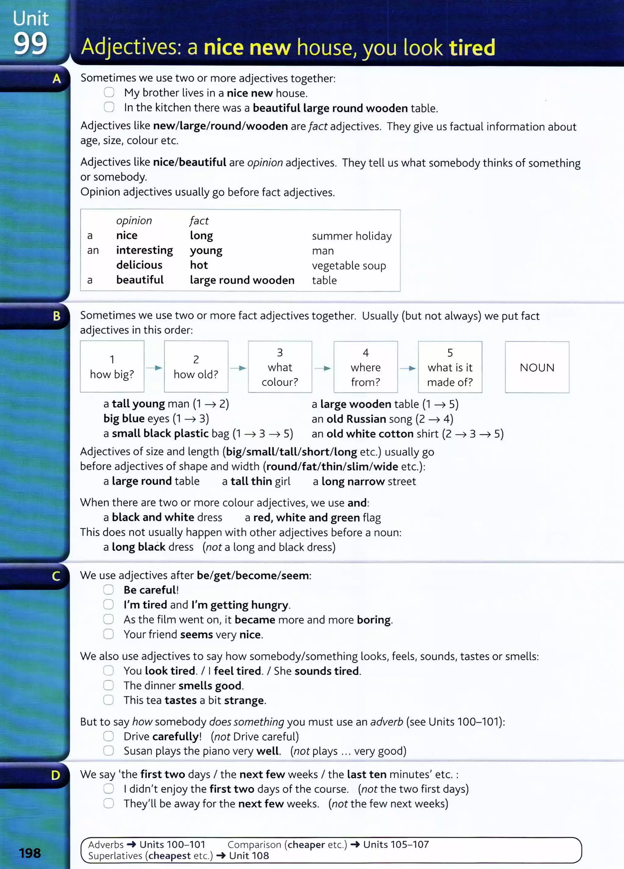 Sometimes we use two or more adjectives together:
0 My brother lives in a nice new house.
0 In the kitchen there was a beautiful large round wooden table.
Adjectives like new/large/round/wooden are fact adjectives. They give us factual information about
age, size, colour etc.
Adjectives like nice/beautiful are opinion adjectives. They tell us what somebody thinks of something
or somebody.
Opinion adjectives usually go before fact adjectives.
opm10n fact
a nice long summer holiday
an interesting young man
delicious hot vegetablesoup I
a beautiful large round wooden table
Sometimes we use two or more fact adjectives together. Usually (but not always) we put fact
adjectives in this order:
1
how big?
2
how old?
3
what
colour?
4
where
from?
5
what is it
made of?
a tall young man (1 ---7 2)
big blue eyes (1 ---7 3)
a Large wooden table (1 ---7 5)
an old Russian song (2 ---7 4)
a small black plastic bag (1 ---7 3 ---7 5) an old white cotton shirt (2 ---7 3 ---7 5)
Adjectives of size and length (big/small/tall/short/Long etc.) usually go
before adjectives of shape and width (round/fat/thin/slim/wide etc.):
a Large round table a tall thin girl a long narrow street
When there are two or more colour adjectives, we use and:
a black and white dress a red, white and green flag
This does not usually happen with other adjectives before a noun:
a Long black dress (not a long and black dress)
We use adjectives after be/get/become/seem:
CJ Be careful!
0 I'm tired and I'm getting hungry.
0 As the film went on, it became more and more boring.
0 Your friend seems very nice.
NOUN
We also use adjectives to say how somebody/something looks, feels, sounds, tastes or smells:
0 You Look tired. I Ifeel tired. I She sounds tired.
0 The dinner smells good.
0 This tea tastes a bit strange.
But to say how somebody does something you must use an adverb (see Units 100-101):
0 Drive carefully! (not Drive careful)
0 Susan plays the piano very well. (not plays ... very good)
We say 'the first two days I the next few weeks I the Last ten minutes' etc. :
0 Ididn't enjoy the first two days of the course. (not the two first days)
0 They'll be away for the next few weeks. (not the few next weeks)
Adverbs -+ Units 100- 101 Comparison {cheaper etc.) -+ Units 105- 107
Superlatives (cheapest etc.) -+ Unit 108
 