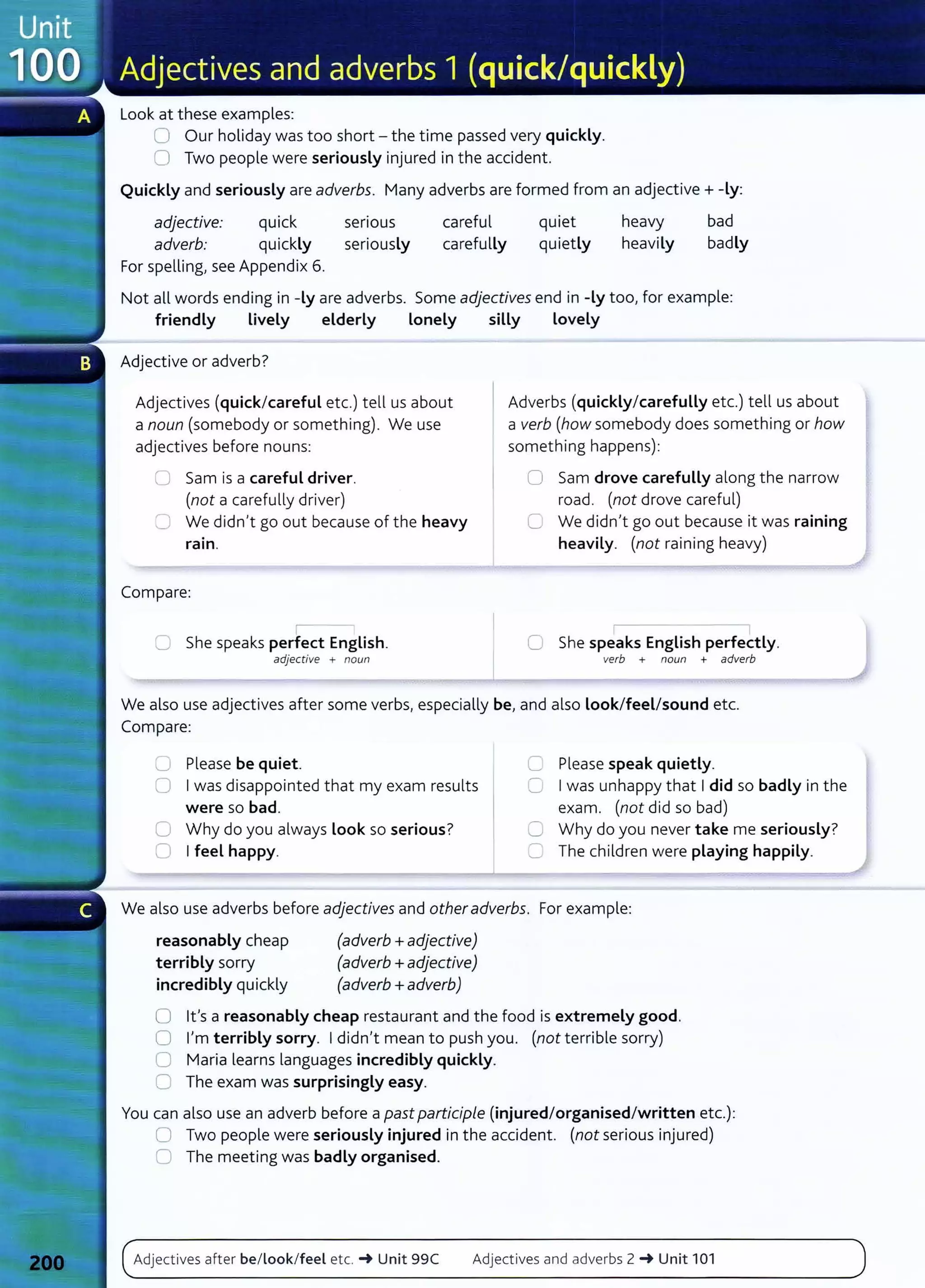 Look at these examples:
0 Our holiday was too short- the time passed very quickly.
0 Two people were seriously injured in the accident.
Quickly and seriously are adverbs. Many adverbs are formed from an adjective+ -Ly:
adjective: quick
adverb: quickly
For spelling, see Appendix 6.
senous
seriously
careful
carefully
quiet
quietly
heavy
heavily
bad
badly
Not all words ending in -Ly are adverbs. Some adjectives end in -Ly too, for example:
friendly Lively elderly Lonely siLLy Lovely
Adjective or adverb?
Adjectives (quick/careful etc.) tell us about
a noun (somebody or something). We use
adjectives before nouns:
0 Sam is a careful driver.
(not a carefully driver)
C We didn't go out because of the heavy
rain.
Compare:
C She speaks perfect English.
adjective + noun
Adverbs (quickly/carefully etc.) tell us about
a verb (how somebody does something or how
something happens):
0 Sam drove carefully along the narrow
road. (not drove careful)
C We didn't go out because it was raining
heavily. (not raining heavy)
0 She speaks English perfectly.
verb + noun + adverb
We also use adjectives after some verbs, especially be, and also Look/feel/sound etc.
Compare:
0 Please be quiet.
0 Iwas disappointed that my exam results
were so bad.
0 Why do you always Look so serious?
0 I feel happy.
0 Please speak quietly.
0 Iwas unhappy that Idid so badly in the
exam. (not did so bad)
C Why do you never take me seriously?
0 The children were playing happily.
We also use adverbs before adjectives and otheradverbs. For example:
reasonably cheap
terribly sorry
incredibly quickly
(adverb +adjective)
(adverb +adjective)
(adverb +adverb)
0 it's a reasonably cheap restaurant and the food is extremely good.
0 I'm terribly sorry. Ididn't mean to push you. (not terrible sorry)
0 Maria learns languages incredibly quickly.
0 The exam was surprisingly easy.
You can also use an adverb before a past participle (injured/organised/written etc.):
0 Two people were seriously injured in the accident. (not serious injured)
0 The meeting was badly organised.
Adjectives after be/Look/feel etc. -+ Unit 99C Adjectives and adverbs 2 -+ Unit 101
 