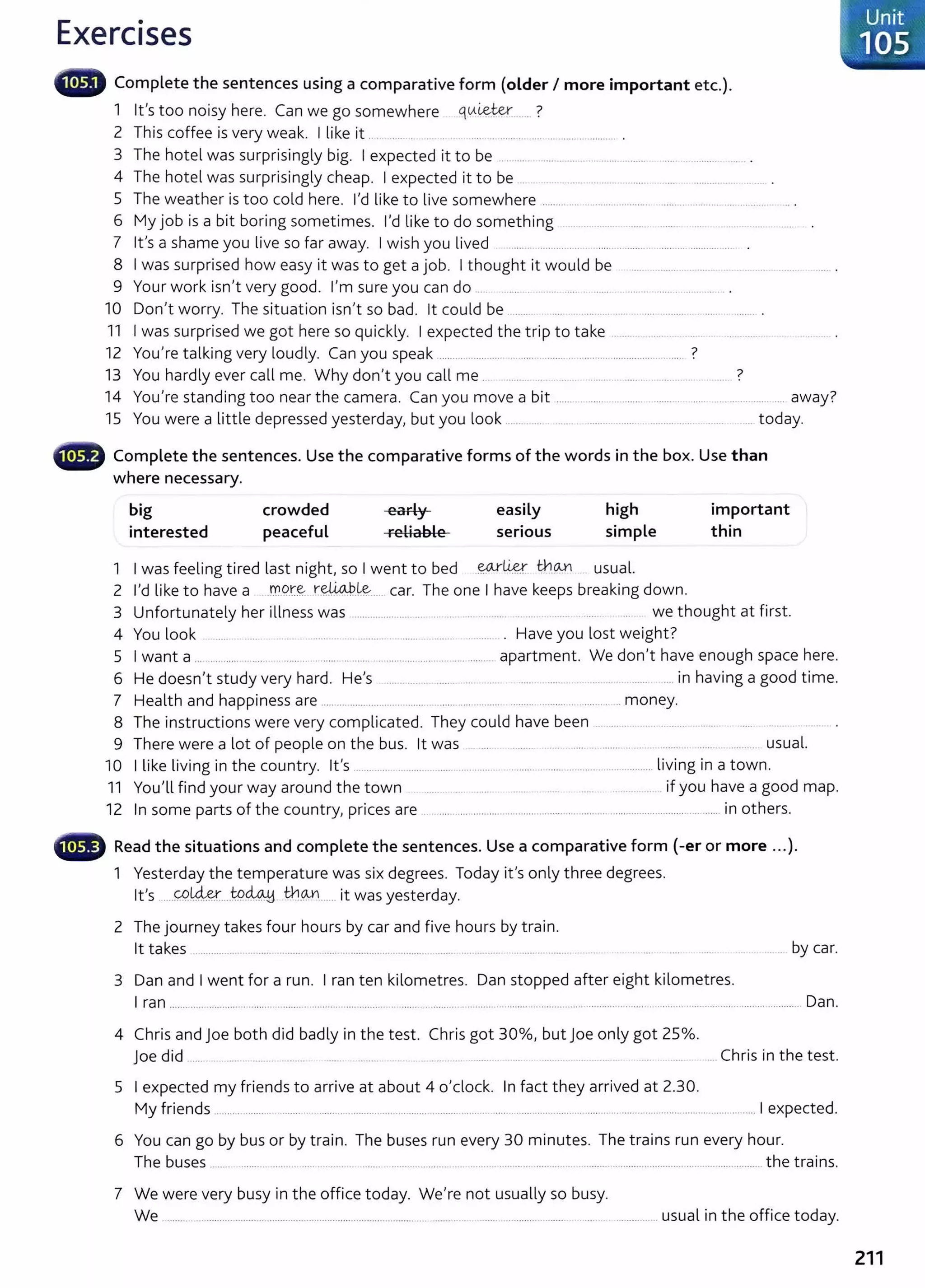 Exercises
liliillll' Complete the sentences using a comparative form (older I more important etc.).
1 lt's too noisy here. Can we go somewhere qlA~ ..... ?
2 This coffee is very weak. I like it .. . ...... .. .... ... . ....................................... ......... .
3 The hotel was surprisingly big. I expected it to be .. ........ ..................... ......... ....... ...................... .
4 The hotel was surprisingly cheap. I expected it to be .. ...... ................. .... .... ...................... .
5 The weather is too cold here. I'd like to live somewhere ............. .......................... ...................... ......................
6 My job is a bit boring sometimes. I'd like to do something .. ... .... .... ...... ....... ..
7 lt's a shame you live so far away. I wish you lived ...... ........................................ ....................
8 I was surprised how easy it was to get a job. I thought it would be ..... ......... ... ...... .. .......
9 Your work isn't very good. I'm sure you can do .... ........ ..... . ...... ....... .................. .
10 Don't worry. The situation isn't so bad. lt could be ....... ....................................
11 I was surprised we got here so quickly. I expected the t rip to take ........ .... .. .. .
12 You're talking very loudly. Can you speak ............................................. .. .... ................................ ?
13 You hardly ever call me. Why don't you call me . ......... ... ..... ............ ...... .. ................ ?
14 You're standing too near the camera. Can you move a bit .............................................................. away?
15 You were a little depressed yesterday, but you look .............. ...... ......... ...... ......... ..... ... today.
• •" Complete the sentences. Use the comparative forms of the words in the box. Use than
where necessary.
big
interested
crowded
peaceful
early
reliable
easily
serious
high
simple
1 I was feeling tired last night, so I went to bed .~li&.r t}:l_
(bn . usual.
2 I'd like to have a .r:·r.q.r~ r~.Le..... car. The one I have keeps breaking down.
important
thin
3 Unfortunately her illness was ...................... .... ......... .... .......... ... .... ...... we thought at first.
4 You look ...... ...... . .......... ... ......... ........ .......... .. ...... . Have you lost weight?
5 I want a ... ............... ...... ......... .. ............................... ......................... . apartment. We don't have enough space here.
6 He doesn't study very hard. He's ...... ..... ............ ........ ..... ..... ...... .. . .... .. ...... .... in having a good time.
7 Health and happiness are ............................................. ................................................... money.
8 The instructions were very complicated. They could have been ....... . .... ................... .
9 There were a lot of people on the bus. lt was . ....... .......... .................. ... ........ ........ ....... ...... usual.
10 I like living in the country. lt's ....... .... ................................................................................... living in a town.
11 You'll find your way around the town ..... .... ......... .......... .... . .... . . if you have a good map.
12 In some parts of the country, prices are ...... ............................................... ................................................. in others.
- Read the situations and complete the sentences. Use a comparative form (-er or more ...).
1 Yesterday the temperature was six degrees. Today it's only three degrees.
lt's ....~l4&r....t9.~ -ch..
QJ1...... it wasyesterday.
2 The journey takes four hours by car and five hours by train.
lt takes .................. ........ ........ ......... .................. ........... ....... .. ....... ............. . ......... by car.
3 Dan and I went for a run. I ran ten kilometres. Dan stopped after eight kilometres.
I ran .............................. ......... ..................................... ................................................................................................................................................ Dan.
4 Chris and Joe both did badly in the test. Chris got 30%, but Joe only got 25%.
joe did ... ..... .. .... . ........ ........ ...... . ........... ..... ...... .. . ...... .... Chris in the test.
5 I expected my friends to arrive at about 4 o'clock. In fact they arrived at 2.30.
My friends ...................................................................... ........................................................................................................................ I expected.
6 You can go by bus or by train. The buses run every 30 minutes. The trains run every hour.
The buses........ ....... .. .... . ..... .......... .. ....... ......... ....................................................... ................................................................ the trains.
7 We were very busy in the office today. We're not usually so busy.
We .......... ................................................................................................. .. ...... .............. ....... .............. usual in the office today.
Unit
.. 105
211
 