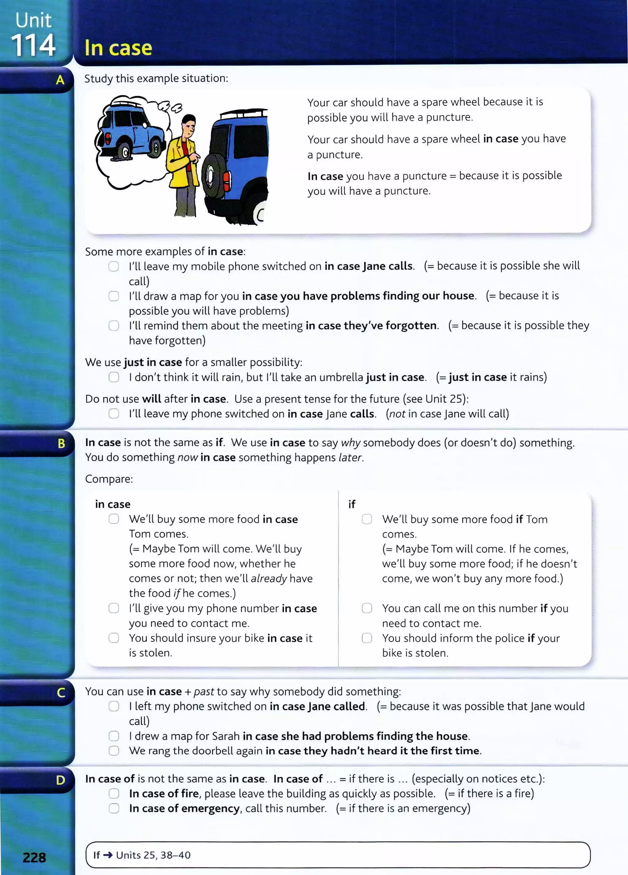 Study this example situation:
Your car should have a spare wheel because it is
possible you will have a puncture.
Your car should have a spare wheel in case you have
a puncture.
In case you have a puncture= because it is possible
you will have a puncture.
Some more examples of in case:
CJ l'llleave my mobile phone switched on in case Jane calls. (=because it is possible she will
call)
C I'll draw a map for you in case you have problems finding our house. (=because it is
possible you will have problems)
0 I'll remind them about the meeting in case they've forgotten. (=because it is possible they
have forgotten)
We use just in case for a smaller possibility:
0 Idon't think it will rain, but I'll take an umbrella just in case. (=just in case it rains)
Do not use will after in case. Use a present tense for the future (see Unit 25):
C l'llleave my phone switched on in case jane calls. (not in case jane will call)
In case is not the same as if. We use in case to say why somebody does (or doesn't do) something.
You do something now in case something happens later.
Compare:
1n case
0 We'll buy some more food in case
Tom comes.
(= Maybe Tom wilt come. We'll buy
some more food now, whether he
comes or not; then we'll already have
the food 1[he comes.)
0 I'll give you my phone number in case
you need to contact me.
0 You should insure your bike in case it
is stolen.
if
C We'll buy some more food if Tom
comes.
(= Maybe Tom will come. If he comes,
we'll buy some more food; if he doesn't
come, we won't buy any more food.)
0 You can call me on this number if you
need to contact me.
l J You should inform the police if your
bike is stolen.
You can use in case + past to say why somebody did something:
CJ Ileft my phone switched on in case Jane called. (=because it was possible that jane would
call)
0 Idrew a map for Sarah in case she had problems finding the house.
0 We rang the doorbell again in case they hadn't heard it the first time.
In case of is not the same as in case. In case of .. . =if there is ... (especially on notices etc.):
0 In case of fire, please leave the building as quickly as possible. (= if there is a fire)
0 In case of emergency, call this number. (= if there is an emergency)
c~lf_~
___u _
n_it_s_
zs_,_3
_s_
-_4_o___________________________________________________________
)
 