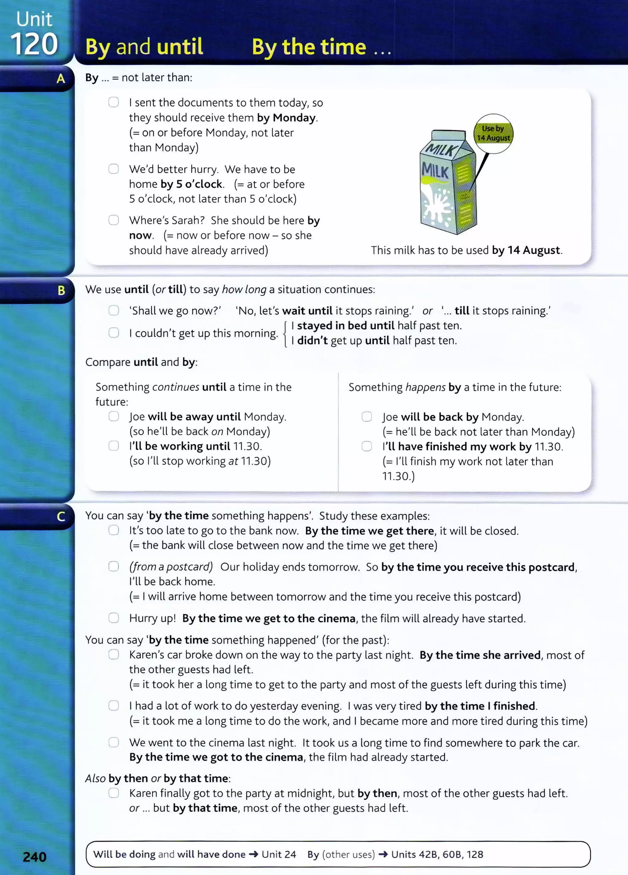 By ... = not later than:
0 Isent the documents to them today, so
they should receive them by Monday.
(=on or before Monday, not later
than Monday)
C We'd better hurry. We have to be
home by 5 o'dock. (= at or before
5 o'clock, not later than 5 o'clock)
0 Where's Sarah? She should be here by
now. (= now or before now- so she
should have already arrived) This milk has to be used by 14 August.
We use until (or till) to say how Long a situation continues:
0 'Shall we go now?' 'No, let's wait until it stops raining.' or '... till it stops raining.'
, . . { Istayed in bed until half past ten.
0 1 couldn t get up th1s mornmg. 1
d.d 't ·L h lf t t
1 n get up unt1 a pas en.
Compare until and by:
Something continues until a time in the
future:
U joe will be away until Monday.
(so he'll be back on Monday)
U I'Ll be working until 11.30.
(so I'll stop working at 11.30)
Something happens by a time in the future:
0 joe will be back by Monday.
(=he'll be back not later than Monday)
0 I'Ll have finished my work by 11.30.
(= I'll finish my work not later than
11.30.)
You can say 'by the time something happens'. Study these examples:
0 lt's too late to go to the bank now. By the time we get there, it will be closed.
(=the bank will close between now and the time we get there)
0 (from apostcard) Our holiday ends tomorrow. So by the time you receive this postcard,
I'll be back home.
(= Iwill arrive home between tomorrow and the time you receive this postcard)
C) Hurry up! By the time we get to the cinema, the film will already have started.
You can say 'by the time something happened' (for the past):
0 Karen's car broke down on the way to the party last night. By the time she arrived, most of
the other guests had left.
(= it took her a long time to get to the party and most of the guests left during this time)
0 Ihad a lot of work to do yesterday evening. Iwas very tired by the time Ifinished.
(=it took me a long time to do the work, and I became more and more tired during this time)
C We went to the cinema last night. lt took us a long time to find somewhere to park the car.
By the time we got to the cinema, the film had already started.
Also by then or by that time:
U Karen finally got to the party at midnight, but by then, most of the other guests had left.
or ... but by that time, most of the other guests had left.
Will be doing and will have done~ Unit 24 By (other uses) ~ Units 42B, 608, 128
 