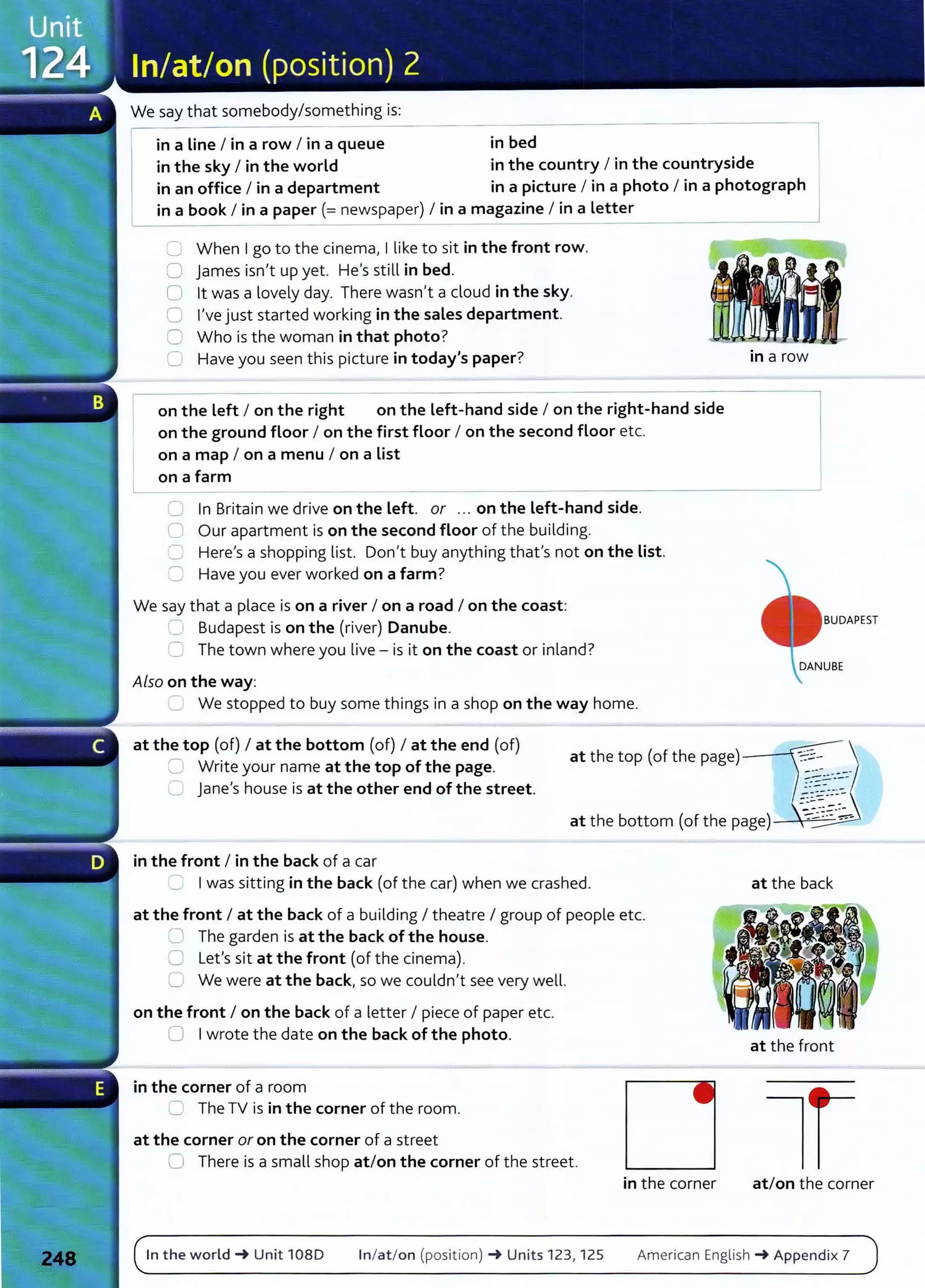 We say that somebody/something is:
in a Line I in a row I in a queue- - - - -
in_b
_
e_
d_______ --------l
in the sky I in the world in the country I in the countryside
in an office I in a department in a picture I in a photo I in a photograph
in a book I in a paper (= newspaper) I in a magazine I in a Letter
------------------~
C When Igo to the cinema, I like to sit in the front row.
C james isn't up yet. He's still in bed.
0 lt was a lovely day. There wasn't a cloud in the sky.
C I've just started working in the sales department.
C Who is the woman in that photo?
0 Have you seen this picture in today's paper?
~ - - - -
on the Left I on the right on the Left-hand side I on the right-hand side
on the ground floor I on the first floor I on the second floor etc.
on a map I on a menu I on a List
on a farm
C In Britain we drive on the Left. or ... on the Left-hand side.
C Our apartment is on the second floor of the building.
C Here's a shopping list. Don't buy anything thaf s not on the List.
C Have you ever worked on a farm?
We say that a place is on a river I on a road I on the coast:
=Budapest is on the (river) Danube.
C The town where you live - is it on the coast or inland?
Also on the way:
=: We stopped to buy some things in a shop on the way home.
in a row
BUDAPEST
at the top (of) I at the bottom (of) I at the end (of)
C Write your name at the top of the page.
C jane's house is at the other end of the street.
at the top (of the page)------t~:;....~)
at the bottom (of the page)-~0~
in the front I in the back of a car
.._.. Iwas sitting in the back (of the car) when we crashed.
at the front I at the back of a building I theatre I group of people etc.
0 The garden is at the back of the house.
C Lef s sit at the front (of the cinema).
C We were at the back, so we couldn't see very well.
on the front I on the back of a letter I piece of paper etc.
0 Iwrote the date on the back of the photo.
in the corner of a room
~ The TV is in the corner of t he room.
at the corner or on the corner of a street
0 There is a small shop at/on the corner of the street.
in the corner
at t he back
at the front
at/on the corner
In the world-+ Unit 1080 In/at /on (posit ion) -+ Units 123, 125 American English -+ Appendix 7
 