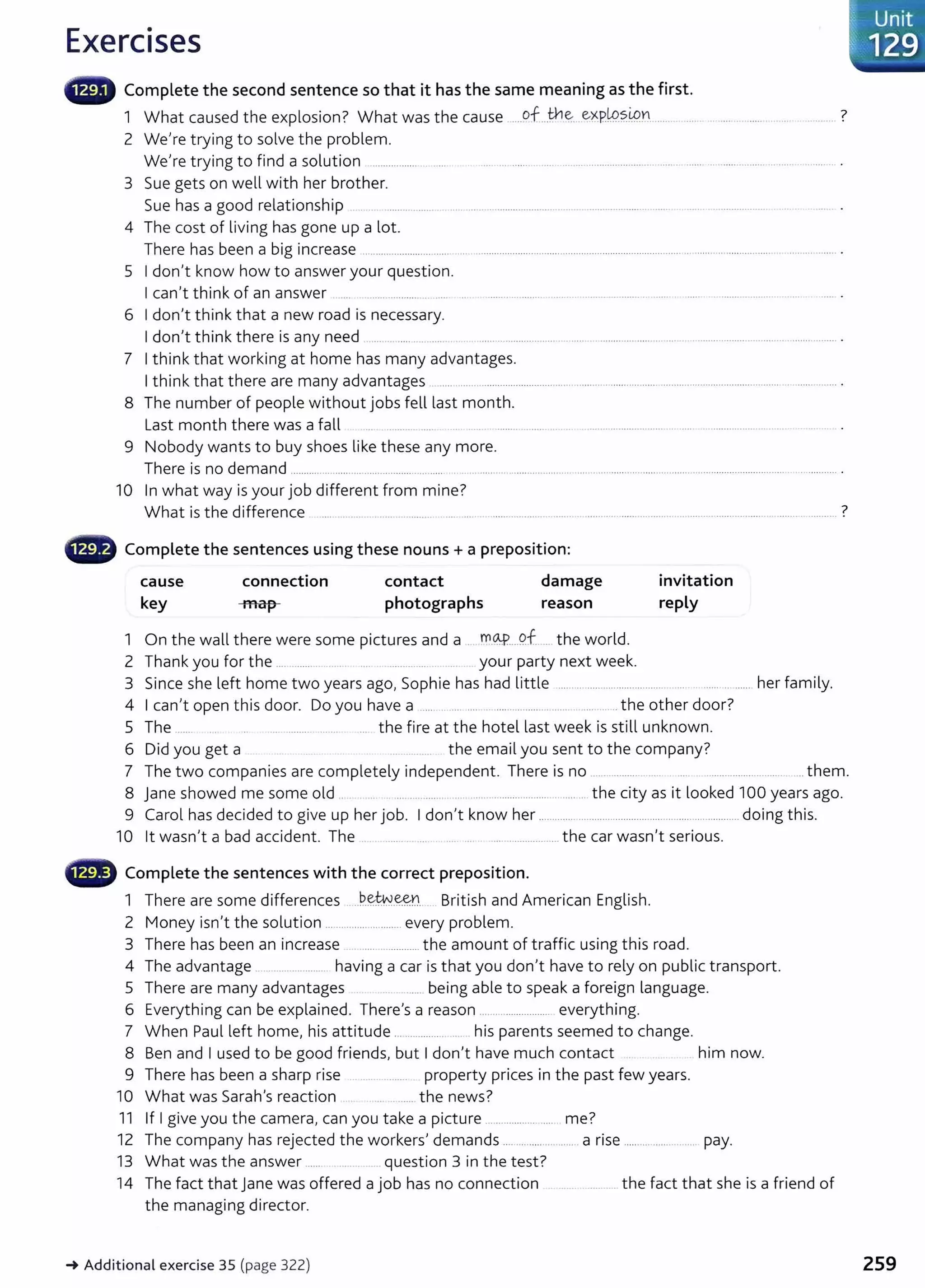 Exercises
- Complete the second sentence so that it has the same meaning as the first.
1 What caused the explosion? What was the cause .....Pf ...~?.....e~pk9.?.iP.n ....... ...... .. .... .. ...... .... .........?
2 We're trying to solve the problem.
We're trying to find a solution .................. .....
3 Sue gets on well with her brother.
Sue has a good relationship ........ ......... .......................................................................................................... .
4 The cost of living has gone up a lot.
There has been a big increase ........................ ...... ................................................................................ ..................................................... .
5 I don't know how to answer your question.
I can't think of an answer .... ................... . .... .. ....... ........... ....... ................... ..... ...............................
6 I don't think that a new road is necessary.
I don't think there is any need .. ...... ..... ....... .................................................................._
.................... .................................
7 I think that working at home has many advantages.
I think that there are many advantages .......................................................................... ............................................ ........... ........ .
8 The number of people without jobs fell last month.
Last month there was a fall ... .................. . ........ ... ..... ..... .. ........................ ..... ... . ..................... .
9 Nobody wants to buy shoes like these any more.
There is no demand ............... ........... ........................ ..... . ....... ............................................. ........................................................... ............... .
10 In what way is your job different from mine?
What is the difference .... ..................................... ...... ... . ... ................... ........... ...... ... ......... ........ . .............................. .................. ?
8 Complete the sentences using these nouns + a preposition:
cause connection contact damage
key map photographs reason
1 On the wall there were some pictures and a . m.~....9f. ... the world.
2 Thank you for the .... .......... ... . .............. .. . ... your party next week.
invitation
reply
3 Since she left home two years ago, Sophie has had little ....................................... ... ......... ...... her family.
4 I can't open this door. Do you have a ..... .. .... .... .. .......... ..... .. ...... ........ the other door?
5 The ....... .... ......... ....... ... the fi re at the hotel last week is still unknown.
6 Did you get a .. ...... .. the email you sent to the company?
7 The two companies are completely independent. There is no ................. ... ............................ .. them.
8 Jane showed me some old .. .. ... ....... .. ......................................... the city as it looked 100 years ago.
9 Carol has decided to give up her job. I don't know her .......................................................................... doing this.
10 lt wasn't a bad accident. The .. . ..... .... .... .. .... .. ......................... the car wasn't serious.
CD Complete the sentences with the correct preposition.
1 There are some differences .. ..P..~tv.Y.~n... British and American English.
2 Money isn't the solution ................. ........ every problem.
3 There has been an increase ...... ............... the amount of traffic using this road.
4 The advantage ..................... having a car is that you don't have to rely on public transport.
5 There are many advantages ....... being able to speak a foreign language.
6 Everything can be explained. There's a reason ........................... everything.
7 When Paul left home, his attitude .................. .... his parents seemed to change.
8 Ben and I used to be good friends, but I don't have much contact him now.
9 There has been a sharp rise ................. property prices in the past few years.
10 What was Sarah's reaction . . ...... the news?
11 If I give you the camera, can you take a picture ................... ...... me?
12 The company has rejected the workers' demands .......................... a rise ............................ pay.
13 What was the answer ...... ... question 3 in the test ?
14 The fact that jane was offered a job has no connection ..... ........... the fact that she is a friend of
the managing director.
-+ Additional exercise 35 (page 322)
·~, Unit
.·s129
259
 