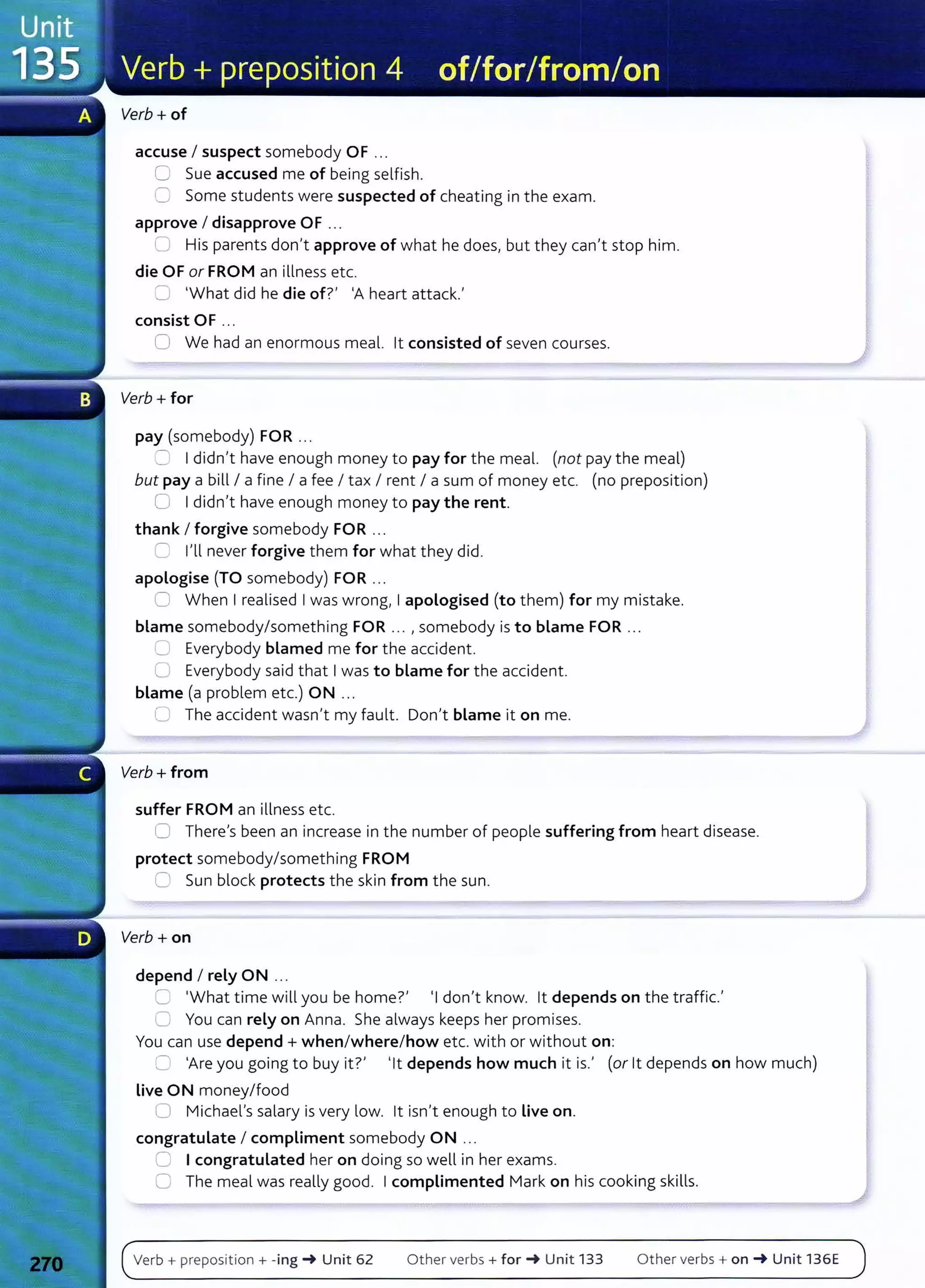 Verb+ of
accuse I suspect somebody OF ...
0 Sue accused me of being selfish.
C Some students were suspected of cheating in the exam.
approve I disapprove OF ...
0 His parents don't approve of what he does, but they can't stop him.
die OF or FROM an illness etc.
~ 'What did he die of?' 'A heart attack.'
consist OF ...
0 We had an enormous meal. lt consisted of seven courses.
Verb+ for
pay (somebody) FOR ...
=I didn't have enough money to pay for the meal. (not pay the meal)
but pay a bill I a fine I a fee I tax I rent I a sum of money etc. (no preposition)
0 I didn't have enough money to pay the rent.
thank I forgive somebody FOR .. .
~ I'll never forgive them for what they did.
apologise (TO somebody) FOR ...
0 When I realised I was wrong, I apologised (to them) for my mistake.
blame somebody/something FOR ... , somebody is to blame FOR ...
=Everybody blamed me for the accident.
0 Everybody said that I was to blame for the accident.
blame (a problem etc.) ON ...
G The accident wasn't my fault. Don't blame it on me.
Verb+from
suffer FROM an illness etc.
0 There's been an increase in the number of people suffering from heart disease.
protect somebody/something FROM
C Sun block protects the skin from the sun.
Verb+ on
depend I rely ON ...
~ 'What time will you be home?' 'I don't know. lt depends on the traffic.'
0 You can rely on Anna. She always keeps her promises.
You can use depend +when/where/how etc. with or without on:
~ 'Are you going to buy it?' 'lt depends how much it is.' (or lt depends on how much)
live ON money/food
0 Michael's salary is very low. lt isn't enough to live on.
congratulate I compliment somebody ON .. .
2 I congratulated her on doing so well in her exams.
0 The meal was really good. I complimented Mark on his cooking skills.
Verb + preposition + -ing ~ Unit 62 Other verbs + for~ Unit 133 Other verbs+ on~ Unit 136E
 