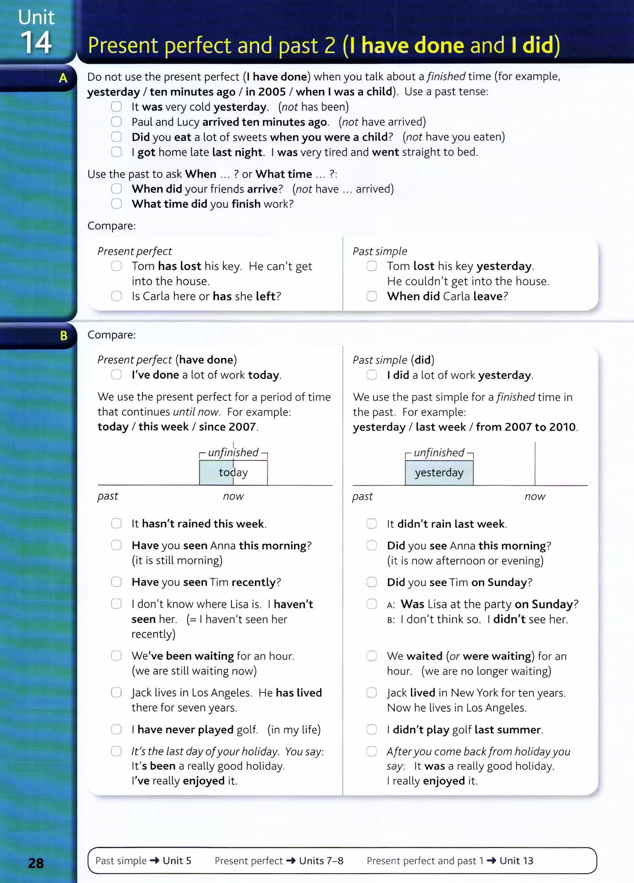 Do not use the present perfect (I have done) when you talk about a finished time (for example,
yesterday I ten minutes ago I in 2005 I when I was a child). Use a past tense:
0 lt was very cold yesterday. (not has been)
0 Paul and Lucy arrived ten minutes ago. (not have arrived)
0 Did you eat a lot of sweets when you were a child? (not have you eaten)
0 Igot home late last night. Iwas very tired and went straight to bed.
Use the past to ask When ... ? or What time ... ?:
0 When did your friends arrive? (not have ... arrived)
0 What time did you finish work?
Compare:
Present perfect
.__] Tom has Lost his key. He can't get
into the house.
0 Is Carla here or has she Left?
Compare:
Present perfect (have done)
0 I've done a lot of work today.
We use the present perfect for a period of time
that continues until now. For example:
today I this week I since 2007.
I
1 unfinished 1
I to1ay I
past now
0 lt hasn't rained this week.
0 Have you seen Anna this morning?
(it is still morning)
0 Have you seen Tim recently?
0 Idon't know where Lisa is. I haven't
seen her. (= I haven't seen her
recently)
0 We've been waiting for an hour.
(we are still waiting now)
0 Jack lives in Los Angeles. He has Lived
there for seven years.
0 I have never played golf. (in my life)
C) lt's the last day ofyour holiday. You say:
lt's been a really good holiday.
I've really enjoyed it.
Past simple _. Unit 5 Present perfect _. Units 7- 8
Past simple
=Tom Lost his key yesterday.
He couldn't get into the house.
0 When did Carta Leave?
Past simple (did)
~ Idid a lot of work yesterday.
We use the past simple for a finished t ime in
the past. For example:
yesterday I last week I from 2007 to 2010.
past
1 unfinished 1
I yesterday I
now
8 lt didn't rain last week.
8 Did you see Anna this morning?
(it is now afternoon or evening)
8 Did you see Tim on Sunday?
0 A: Was Lisa at the party on Sunday?
B: Idon't think so. Ididn't see her.
:= We waited (or were waiting) for an
hour. (we are no longer waiting)
0 Jack Lived in New York for ten years.
Now he lives in Los Angeles.
8 Ididn't play golf Last summer.
C Afteryou come back from holidayyou
say: lt was a really good holiday.
I really enjoyed it.
Present perfect and past 1 _. Unit 13
 