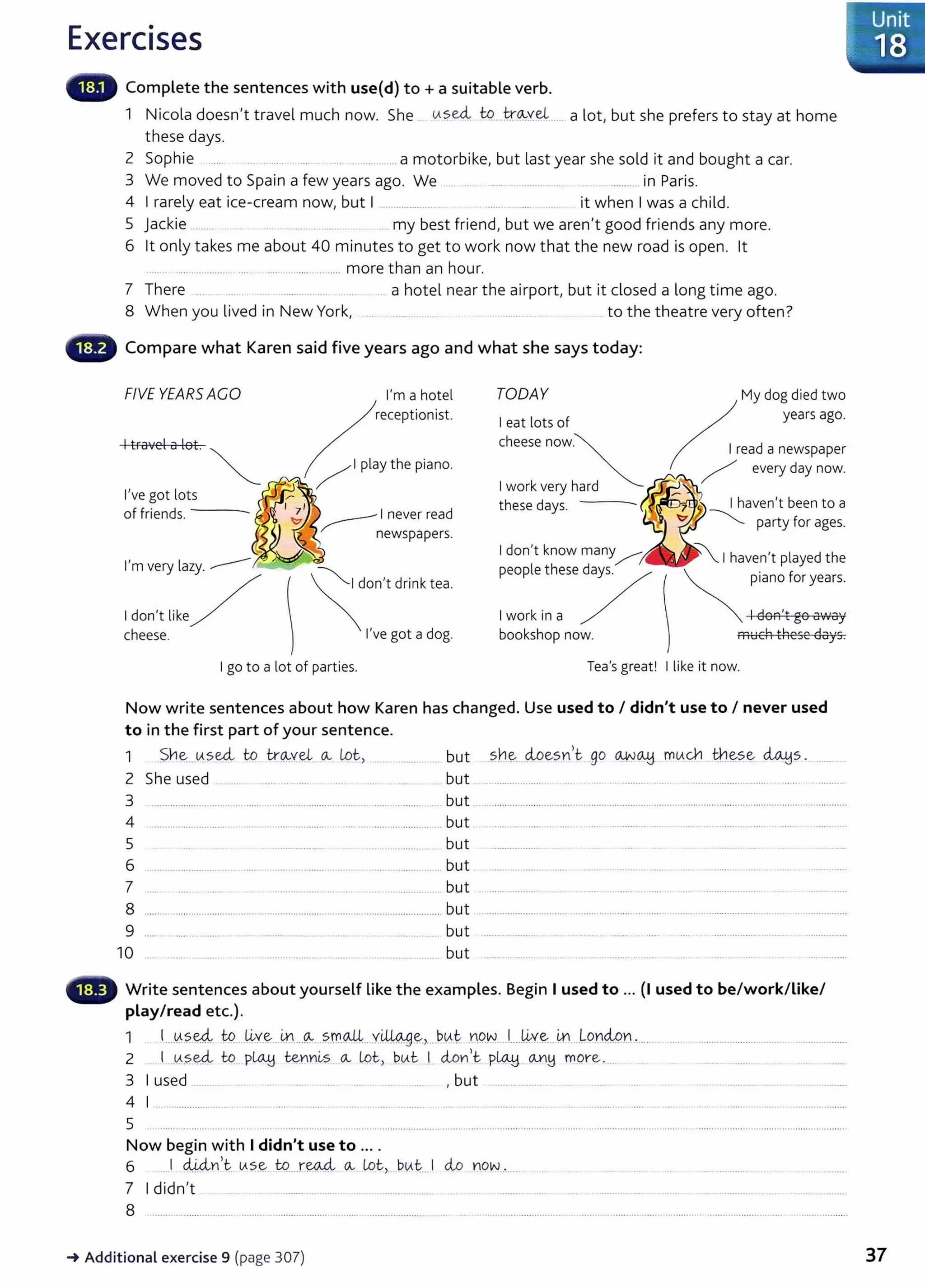 Exercises
Complete the sentences with use(d) to+ a suitable verb.
1 Nicola doesn't travel much now. She .. tA?.e4 U:?....tr.~Y.~...... a lot, but she prefers to stay at home
these days.
2 Sophie ..... ..... ........ .. .... . ................. a motorbike, but last year she sold it and bought a car.
3 We moved to Spain a few years ago. We .. ... ...... ...................... ..... ............... in Paris.
4 I rarely eat ice-cream now, but I .. ................. it when I was a child.
5 Jackie ......... .... .. .. .. my best friend, but we aren't good friends any more.
6 lt only takes me about 40 minutes to get to work now that the new road is open. lt
.... ............. .... .... .. ..... ....... more than an hou r.
7 There .... ....... .... .... ... ... .. a hotel nea r the airport, but it closed a long time ago.
8 When you lived in New York, .... .... .... .. ................. .. .. .. .. to the theatre very often?
Compare what Karen said five years ago and what she says today:
FIVE YEARS AGO
I travel a lot. ~ .-.L~.-. .........
I've got lots
of friends.- --
I'm very lazy. -----
1don't like/
cheese.
I'm a hotel
receptionist.
/ Iplay the piano.
TODAY
Ieat lots of
cheese now~
Iwork very hard
these days. - - -
Idon't know many/;
people these days. /
Iwork in a /
bookshop now.
M
y dog died two
/ years ago.
( _;read a newspaper
/ every day now.
Ihaven't been to a
~ party for ages.
Ihaven't played the
~ piano foryears.
~ I don't go away
.......a ~h the....... d~.....
I I I Cl 1 1 i J C UJ J·
Igo to a lot of parties. Tea's great! Ilike it now.
Now write sentences about how Karen has changed. Use used to I didn't use to I never used
to in the first part of your sentence.
1 .$Y1e:..V.5~ to tt~Y.~----~ LQt.> ...................... but ...?.h.e......Me5n>t, .go G4'YO-.y. mtAc}1 tt.J.~?-~ ~5 . ............
2 She used .. ...... ...... ........ .. but ... ................... . .... .. ... . .............. ....... ................................. ........ ..........
3 ....................................... ..........................................................but . ... .............................. ............................................. ............................. ....................
4 ............................... ................................. ....... ..... .......... .......... .. but .
5 .. .................... ..... ........... . but
6 .. .. ................... .. . . ...... . . ...... ....... but
7 ..... . ............. .... ........................ ...... ........................... but
8 ......................................... ......................................................................but ...........................................................................................................................................
9 .......... ...................... ...... .................................... .............................. but
10 ... ............................. .......................... but
Write sentences about yourself Like the examples. Begin I used to ... (I used to be/work/like/
play/read etc.).
1 1
....~5.~ ~--..~Y.~.. 4.'1...~...5rr..o..U.:...Y.~~->-.Jwt n9N...J...4.Y~...itl.Jo.
r49Yl........... .... .. .....................................................
2 1
.....1!..~-~ tq___pla.y ~~ni-s .. o.... LQt> P.v...t J cion,t p~_
_any mqre .....
3 I used .... ....... .. .... ....... ....... ... , but .................... . _
4 I ................................... .... . ....... .... .. ......................... . . ................... ... ............ ..... . .... ................ ........ ....................
5
Now begin with I didn't use to ....
6 .....1 44in,~. tA~.~ W.....r~ o..... lot-,..Jn~~..l cio ~olN..·........ . ...
7 Ididn't .... .................. . .. .....................
~ Unit
~- .18
8 .................................................................................................................. .............................................. ............................................................ 0 . . . . . . . . . . . . . . . . .
-+ Additional exercise 9 (page 307) 37
 