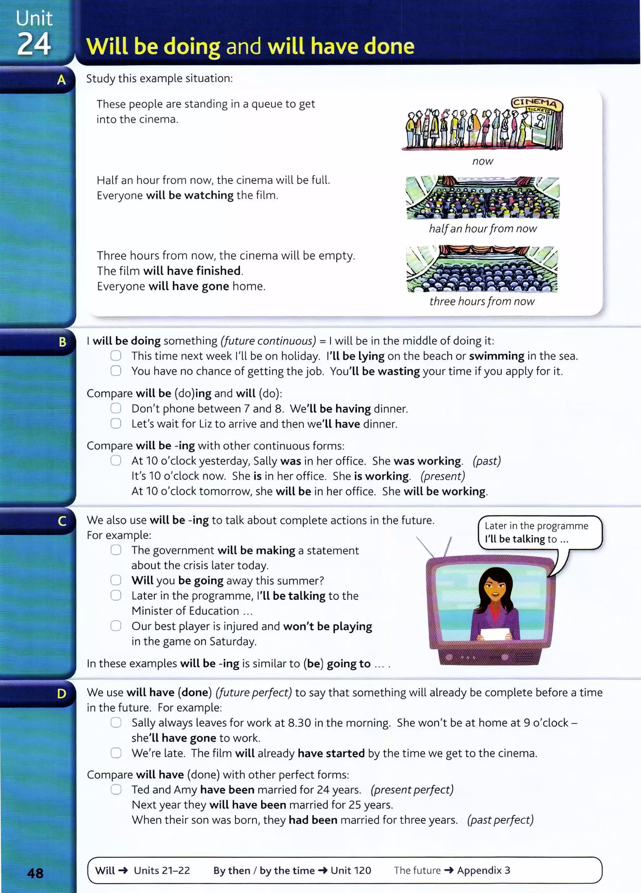 Study this example situation:
These people are standing in a queue to get
into the cinema.
now
Half an hour from now, the cinema will be full.
Everyone will be watching the film.
~
halfan hourfrom now
Three hours from now, the cinema will be empty.
The film will have finished.
Everyone will have gone home.
three hours from now
Iwill be doing something (future continuous)= Iwill be in the middle of doing it:
0 This time next week I'll be on holiday. I'Ll be lying on the beach or swimming in the sea.
0 You have no chance of getting the job. You'Ll be wasting your time if you apply for it.
Compare will be (do)ing and will (do):
0 Don't phone between 7 and 8. We'Ll be having dinner.
0 Lefs wait for Liz to arrive and then we'll have dinner.
Compare will be-ing with other continuous forms:
0 At 10 o'clock yesterday, Sally was in her office. She was working. (past)
it's 10 o'clock now. She is in her office. She is working. (present)
At 10 o'clock tomorrow, she will be in her office. She will be working.
We also use will be-ing to talk about complete actions in the future.
For example:
0 The government will be making a statement
about the crisis later today.
0 Will you be going away this summer?
0 Later in the programme, I'LL be talking to the
Minister of Education ...
0 Our best player is injured and won't be playing
in the game on Saturday.
In these examples wiLL be -ing is similar to (be) going to ....
Later in the programme
I'll be talking to ...
We use wiLL have (done) (future perfect) to say that something will already be complete before a time
in the future. For example:
0 Sally always leaves for work at 8.30 in the morning. She won't be at home at 9 o'clock -
she'LL have gone to work.
0 We're late. The film wiLL already have started by the time we get to the cinema.
Compare will have (done) with other perfect forms:
8 Ted and Amy have been married for 24 years. (present perfect)
Next year they wiLL have been married for 25 years.
When their son was born, they had been married for three years. (past perfect)
Will_. Units 21-22 By then I by the time_. Unit 120 The future _. Appendix 3
 