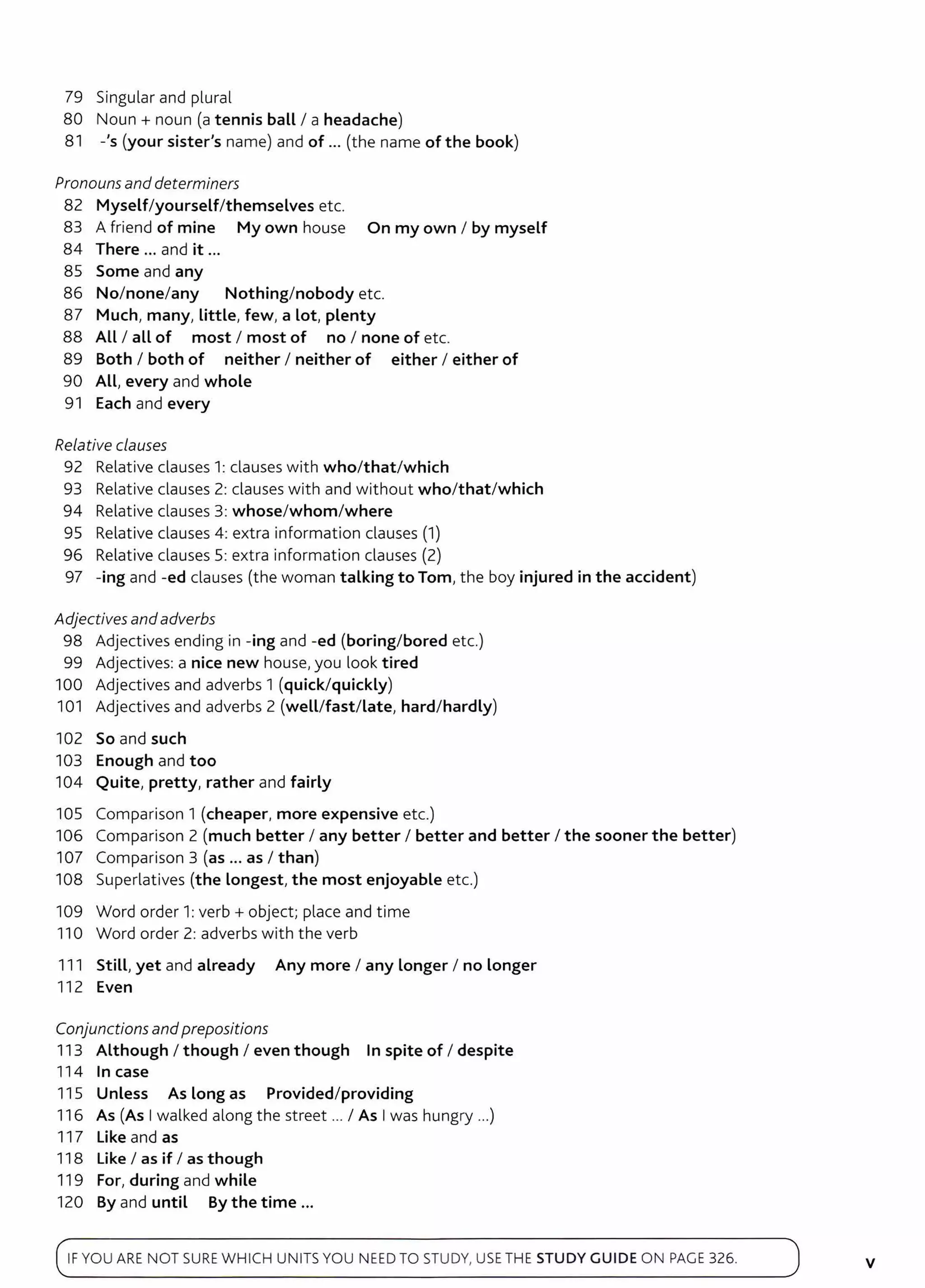 79 Singular and plural
80 Noun+ noun (a tennis ball I a headache)
81 -'s (your sister's name) and of ... (the name of the book)
Pronouns and determiners
82 Myself/yourself/themselves etc.
83 A friend of mine My own house On my own I by myself
84 There ... and it ...
85 Some and any
86 No/none/any Nothing/nobody etc.
87 Much, many, Little, few, a Lot, plenty
88 All I all of most I most of no I none of etc.
89 Both I both of neither I neither of either I either of
90 All, every and whole
91 Each and every
Relative clauses
92 Relative clauses 1: clauses with who/that/which
93 Relative clauses 2: clauses with and without who/that/which
94 Relative clauses 3: whose/whom/where
95 Relative clauses 4: extra information clauses (1)
96 Relative clauses 5: extra information clauses (2)
97 -ing and -ed clauses (the woman talking to Tom, the boy injured in the accident)
Adjectives andadverbs
98 Adjectives ending in -ing and -ed (boring/bored etc.)
99 Adjectives: a nice new house, you look tired
100 Adjectives and adverbs 1 (quick/quickly)
101 Adjectives and adverbs 2 (well/fast/Late, hard/ hardly)
102 So and such
103 Enough and too
104 Quite, pretty, rather and fairly
105 Comparison 1 (cheaper, more expensive etc.)
106 Comparison 2 (much better I any better I better and better I the sooner the better)
107 Comparison 3 (as ... as I than)
108 Superlatives (the Longest, the most enjoyable etc.)
109 Word order 1: verb+ object; place and time
110 Word order 2: adverbs with the verb
111 Still/ yet and already Any more I any Longer I no Longer
112 Even
Conjunctions andprepositions
113 Although I though I even though In spite of I despite
114 In case
115 Unless As Long as Provided/ providing
11 6 As (As Iwalked along the street ... I As Iwas hungry ...)
117 like and as
118 Like I as if I as though
11 9 For, during and while
120 By and until By the time ...
IF YOU ARE N OT SURE WHI CH UNITS YOU NEED TO STUDY, USE THE STUDY GUIDE O N PAGE 326. V
 