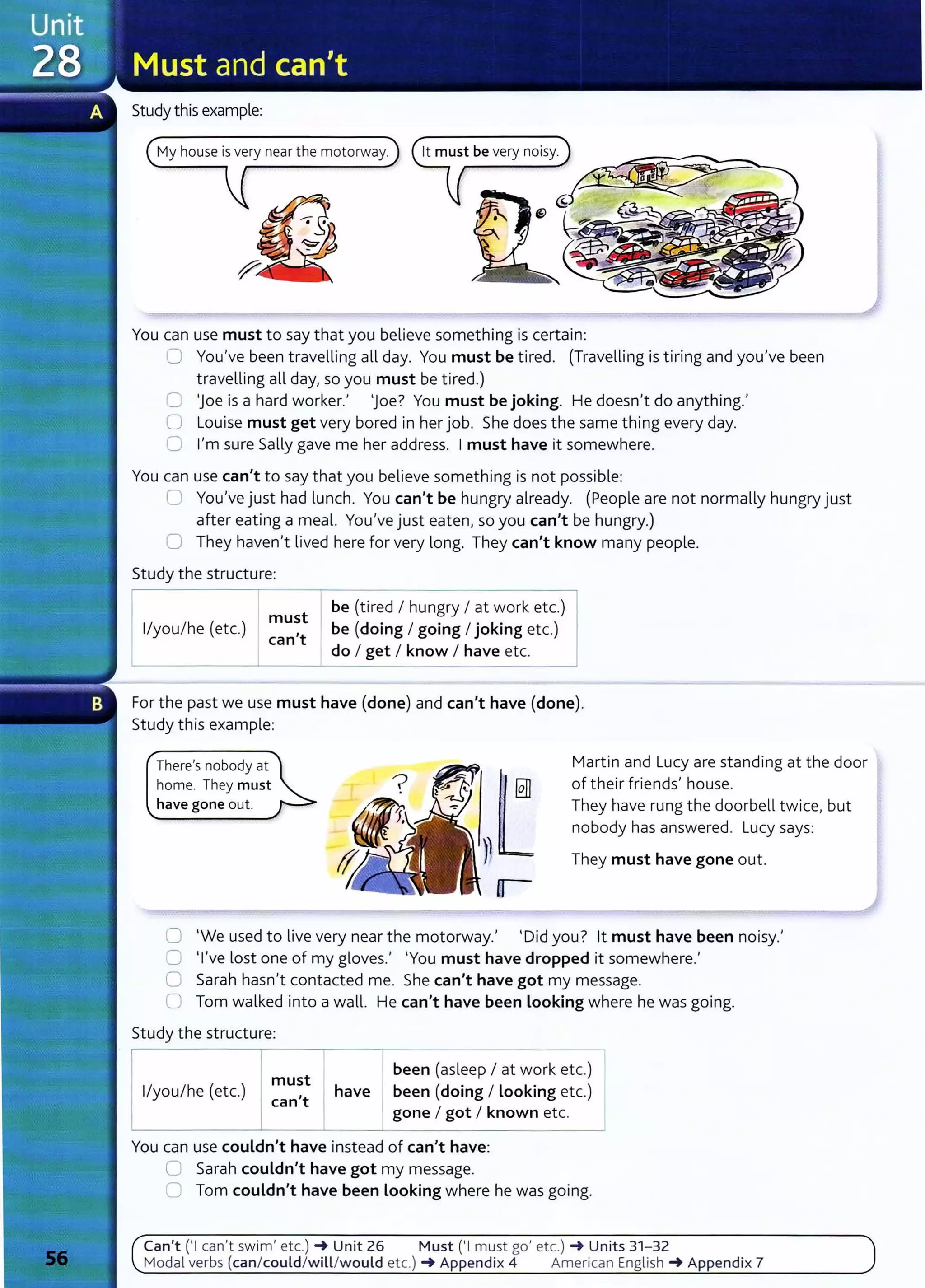 Studythis example:
My house is very near the motorway.
You can use must to say that you believe something is certain:
0 You've been travelling all day. You must be tired. (Travelling is tiring and you've been
travelling all day, so you must be tired.)
0 'Joe is a hard worker.' 'joe? You must be joking. He doesn't do anything.'
0 Louise must get very bored in her job. She does the same thing every day.
U I'm sure Sally gave me her address. Imust have it somewhere.
You can use can't to say that you believe something is not possible:
0 You've just had lunch. You can't be hungry already. (People are not normally hungry just
after eating a meal. You've just eaten, so you can't be hungry.)
0 They haven't lived here for very long. They can't know many people.
Study the structure:
llyoulhe (etc.)
must
can't
be (tired I hungry I at work etc.)
be (doing I going I joking etc.)
do I get I know I have etc.
~------''---"----
For the past we use must have (done) and can't have (done).
Study this example:
There's nobody at
home. They must
have gone out.
Martin and Lucy are standing at the door
of their friends' house.
They have rung the doorbell twice, but
nobody has answered. Lucy says:
They must have gone out.
0 'We used to live very near the motorway.' 'Did you? lt must have been noisy.'
0 'I've lost one of my gloves.' 'You must have dropped it somewhere.'
0 Sarah hasn't contacted me. She can't have got my message.
0 Tom walked into a wall. He can't have been Looking where he was going.
Study the structure:
llyoulhe (etc.)
must
can't
been (asleep I at work etc.)
have been (doing I Looking etc.)
gone I got I known etc.
You can use couldn't have instead of can't have:
0 Sarah couldn't have got my message.
0 Tom couldn't have been Looking where he was going.
Can't ('I can't swim' etc.) -+ Unit 26 Must ('I must go' etc.) -+ Units 31- 32
Modal verbs (can/could/will/would etc.) -+ Appendix 4 American English -+ Appendix 7
 