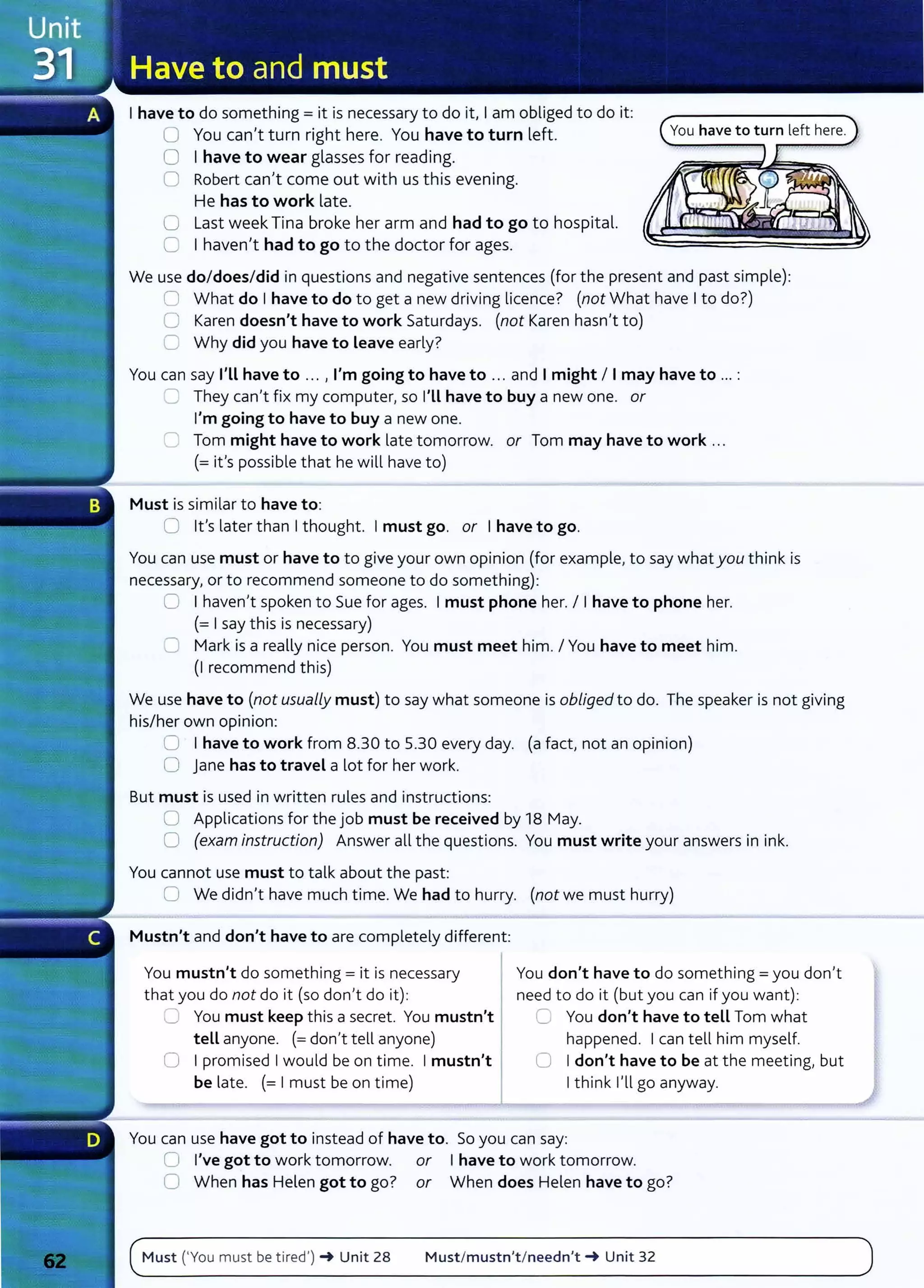 I have to do something= it is necessary to do it, I am obliged to do it:
0 You can't turn right here. You have to turn left.
0 I have to wear glasses for reading.
0 Robert can't come out with us this evening.
He has to work late.
0 Last week Tina broke her arm and had to go to hospital.
C I haven't had to go to the doctor for ages.
You have to turn left here.
We use do/does/did in questions and negative sentences (for the present and past simple):
0 What do I have to do to get a new driving licence? (not What have I to do?)
0 Karen doesn't have to work Saturdays. (not Karen hasn't to)
C Why did you have to Leave early?
You can say I'LL have to ... , I'm going to have to ... and I might I I may have to ... :
~ They can't fix my computer, so I'LL have to buy a new one. or
I'm going to have to buy a new one.
C) Tom might have to work late tomorrow. or Tom may have to work ...
(=it's possible that he will have to)
Must is similar to have to:
0 lt's later than I thought. I must go. or I have to go.
You can use must or have to to give your own opinion (for example, to say what you think is
necessary, or to recommend someone to do something):
0 I haven't spoken to Sue for ages. I must phone her. I I have to phone her.
(= I say this is necessary)
8 Mark is a really nice person. You must meet him. I You have to meet him.
(I recommend this)
We use have to (not usually must) to say what someone is obligedto do. The speaker is not giving
his/her own opinion:
0 I have to work from 8.30 to 5.30 every day. (a fact, not an opinion)
0 jane has to travel a lot for her work.
But must is used in written rules and instructions:
0 Applications for the job must be received by 18 May.
0 (exam instruction) Answer all the questions. You must write your answers in ink.
You cannot use must to talk about the past :
0 We didn't have much time. We had to hurry. (not we must hurry)
Mustn't and don't have to are completely different:
You mustn't do something = it is necessary
that you do not do it (so don't do it):
C You must keep this a secret . You mustn't
tell anyone. (= don't tell anyone)
0 I promised I would be on time. I mustn't
be late. (= I must be on time)
You don't have to do something = you don't
need to do it (but you can if you want):
C You don't have to teLL Tom what
happened. I can tell him myself.
0 I don't have to be at the meeting, but
I t hink I'll go anyway.
You can use have got to inst ead of have to. So you can say:
0 I've got to work tomorrow. or I have to work tomorrow.
0 When has Helen got to go? or When does Helen have to go?
Must ('You must be tired') ~ Unit 28 Must/mustn't / needn't ~ Unit 32
 