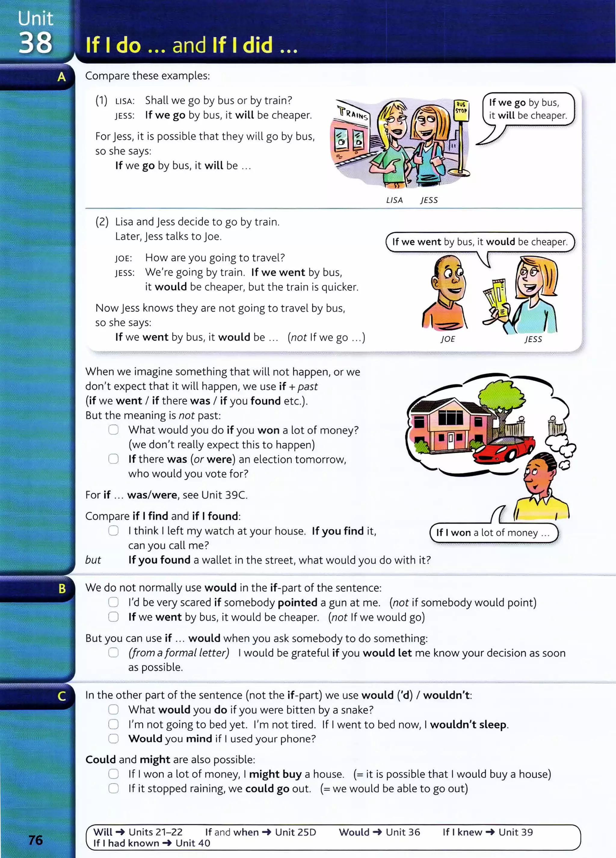 Compare these examples:
(1) usA: Shall we go by bus or by train?
JESS: If we go by bus, it will be cheaper.
For jess, it is possible that they will go by bus,
so she says:
If we go by bus, it will be ...
(2) Lisa and jess decide to go by train.
USA }ESS
If we go by bus,
it will be cheaper.
Later, jess talks to joe. If we went by bus, it would be cheaper.
JOE: How are you going to travel?
JESS: We're going by train. If we went by bus,
it would be cheaper, but the train is quicker.
Now jess knows they are not going to travel by bus,
so she says:
If we went by bus, it would be .. . (not If we go ...)
When we imagine something that will not happen, or we
don't expect that it will happen, we use if+ past
(if we went I if there was I if you found etc.).
But the meaning is not past:
0 What would you do if you won a lot of money?
(we don't really expect this to happen)
0 If there was (or were) an election tomorrow,
who would you vote for?
For if ... was/were, see Unit 39C.
Compare if Ifind and if Ifound:
}OE }ESS
0 Ithink I left my watch at your house. If you find it, If 1won a lot of money ...
can you call me?
but If you found a wallet in the street, what would you do with it?
We do not normally use would in the if-part of the sentence:
0 I'd be very scared if somebody pointed a gun at me. (not if somebody would point)
0 If we went by bus, it would be cheaper. (not If we would go)
But you can use if ... would when you ask somebody to do something:
C (from aforma/letter) Iwould be grateful if you would Let me know your decision as soon
as possible.
In the other part of the sentence (not the if-part) we use would ('d) I wouldn't:
0 What would you do if you were bitten by a snake?
0 I'm not going to bed yet. I'm not tired. If Iwent to bed now, Iwouldn't sleep.
0 Would you mind if I used your phone?
Could and might are also possible:
0 If Iwon a lot of money, Imight buy a house. (= it is possible that Iwould buy a house)
0 If it stopped raining, we could go out. (=we would be able to go out)
Will~ Units 21-22 If and when~ Unit ZSD Would ~ Unit 36 If I knew~ Unit 39
If I had known~ Unit 40
 