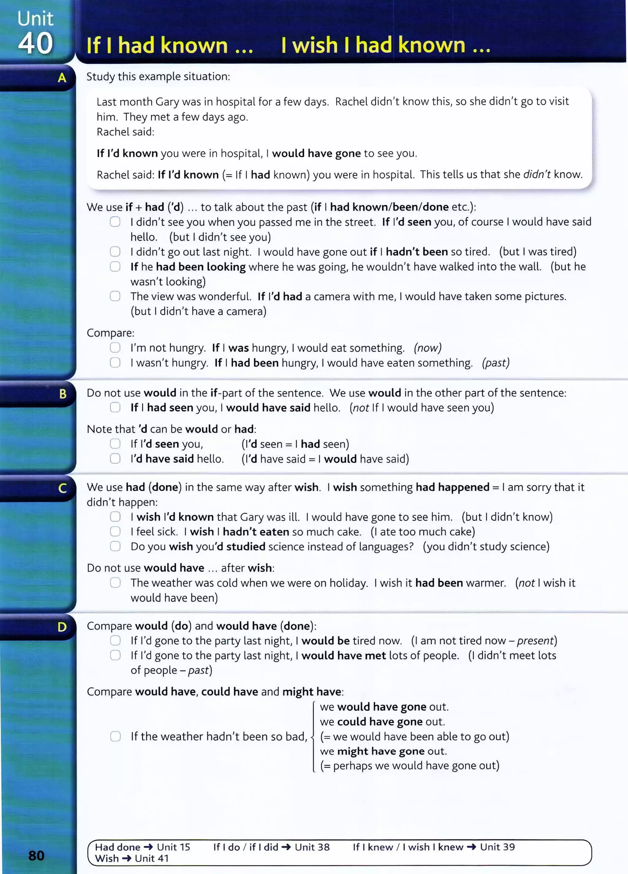 Study this example situation:
Last month Gary was in hospital for a few days. Rachel didnlt know this~ so she didnlt go to visit
him. They met a few days ago.
Rachel said:
If I'd known you were in hospital, Iwould have gone to see you.
Rachel said: If I'd known (=If Ihad known) you were in hospital. This tells us that she didn't know.
We use if+ had ('d) ... to talk about the past (if Ihad known/been/done etc.):
0 Ididn't see you when you passed me in the street. If I'd seen you, of course Iwould have said
hello. (but Ididn't see you)
0 Ididn't go out last night. Iwould have gone out if Ihadn't been so tired. (but Iwas tired)
0 If he had been Looking where he was going, he wouldn't have walked into the wall. (but he
wasn't looking)
0 The view was wonderful. If I'd had a camera with me, Iwould have taken some pictures.
(but Ididn't have a camera)
Compare:
0 I'm not hungry. If Iwas hungry, Iwould eat something. (now)
0 Iwasn't hungry. If Ihad been hungry, Iwould have eaten something. (past)
Do not use would in the if-part of the sentence. We use would in the other part of the sentence:
0 If Ihad seen you, Iwould have said hello. (not If Iwould have seen you)
Note that 'd can be would or had:
U If I'd seen you, (I'd seen= Ihad seen)
0 I'd have said hello. (I'd have said = Iwould have said)
We use had (done) in the same way after wish. Iwish something had happened= Iam sorry that it
didn't happen:
0 Iwish I'd known that Gary was ill. Iwould have gone to see him. (but Ididn't know)
0 Ifeel sick. Iwish Ihadn't eaten so much cake. (I ate too much cake)
0 Do you wish you'd studied science instead of languages? (you didn't study science)
Do not use would have ... after wish:
0 The weather was cold when we were on holiday. Iwish it had been warmer. (not Iwish it
would have been)
Compare would (do) and would have (done):
0 If I'd gone to the party last night, Iwould be tired now. (I am not tired now - present)
0 If I'd gone to the party last night, Iwould have met lots of people. (I didn't meet lots
of people- past)
Compare would have, could have and might have:
we would have gone out.
we could have gone out.
0 If the weather hadn't been so bad, (= we would have been able to go out)
we might have gone out.
Had done_. Unit 15
Wish_. Unit 41
. (=perhaps we would have gone out)
If I do I if I did_. Unit 38 If I knew I I wish I knew_. Unit 39
 