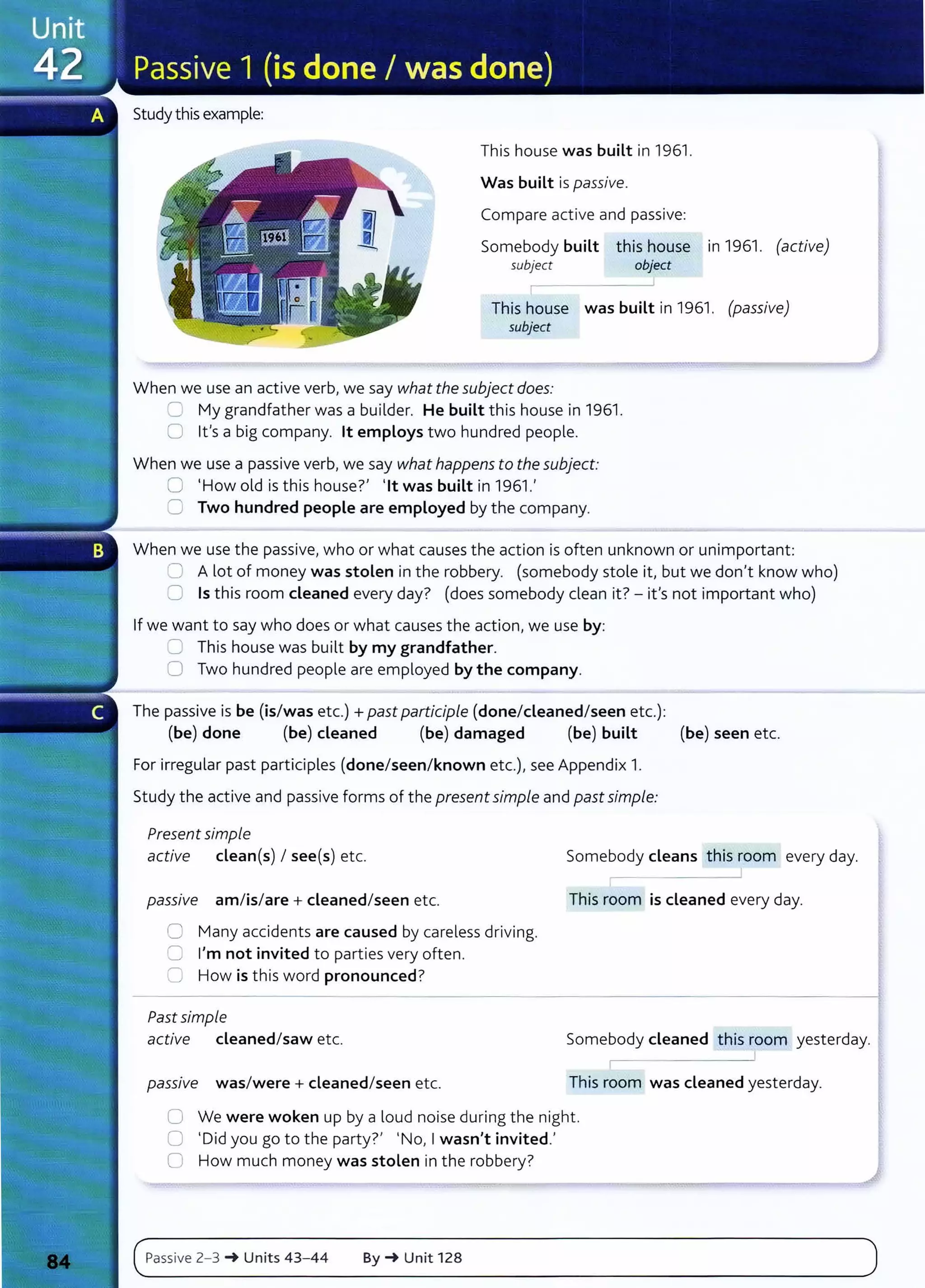Study this example:
This house was built in 1961.
Was built is passive.
Compare active and passive:
Somebody built this house in 1961. (active)
subject object
This house was built in 1961. (passive)
subject
When we use an active verb, we say what the subject does:
C:. My grandfather was a builder. He built this house in 1961.
0 lt's a big company. lt employs two hundred people.
When we use a passive verb, we say what happens to the subject:
0 'How old is this house?' 'lt was built in 1961.'
8 Two hundred people are employed by the company.
When we use the passive, who or what causes the action is often unknown or unimportant:
~ A lot of money was stolen in the robbery. (somebody stole it, but we don't know who)
C Is this room cleaned every day? (does somebody clean it?- it 's not important who)
If we want to say who does or what causes the action, we use by:
~ This house was built by my grandfather.
0 Two hundred people are employed by the company.
The passive is be (is/was etc.)+ past participle (done/cleaned/seen etc.):
(be) done (be) cleaned (be) damaged (be) built (be) seen etc.
For irregular past participles (done/seen/known etc.), see Appendix 1.
Study the active and passive forms of the presentsimple and past simple:
Present simple
active clean(s) I see(s) etc.
pass1ve am/is/are + cleaned/seen etc.
0 Many accidents are caused by careless driving.
0 I'm not invited to parties very often.
0 How is this word pronounced?
Past simple
active cleaned/saw etc.
passiVe was/were+ cleaned/seen etc.
Somebody cleans this room every day.
r--
This room is cleaned every day.
Somebody cleaned this room yesterday.
This room was cleaned yesterday.
0 We were woken up by a loud noise du ring the night.
0 'Did you go to the party?' 'No, Iwasn't invited.'
0 How much money was stolen in the robbery?
c~
P-
as_s_
iv_e_z_
-_
3_~
__
u_n
_
it
_
s_4
_
3
_
-_
4_
4____
B_Y_~
__u_n
_i_
t_1z
_a
__________________________________________)
 