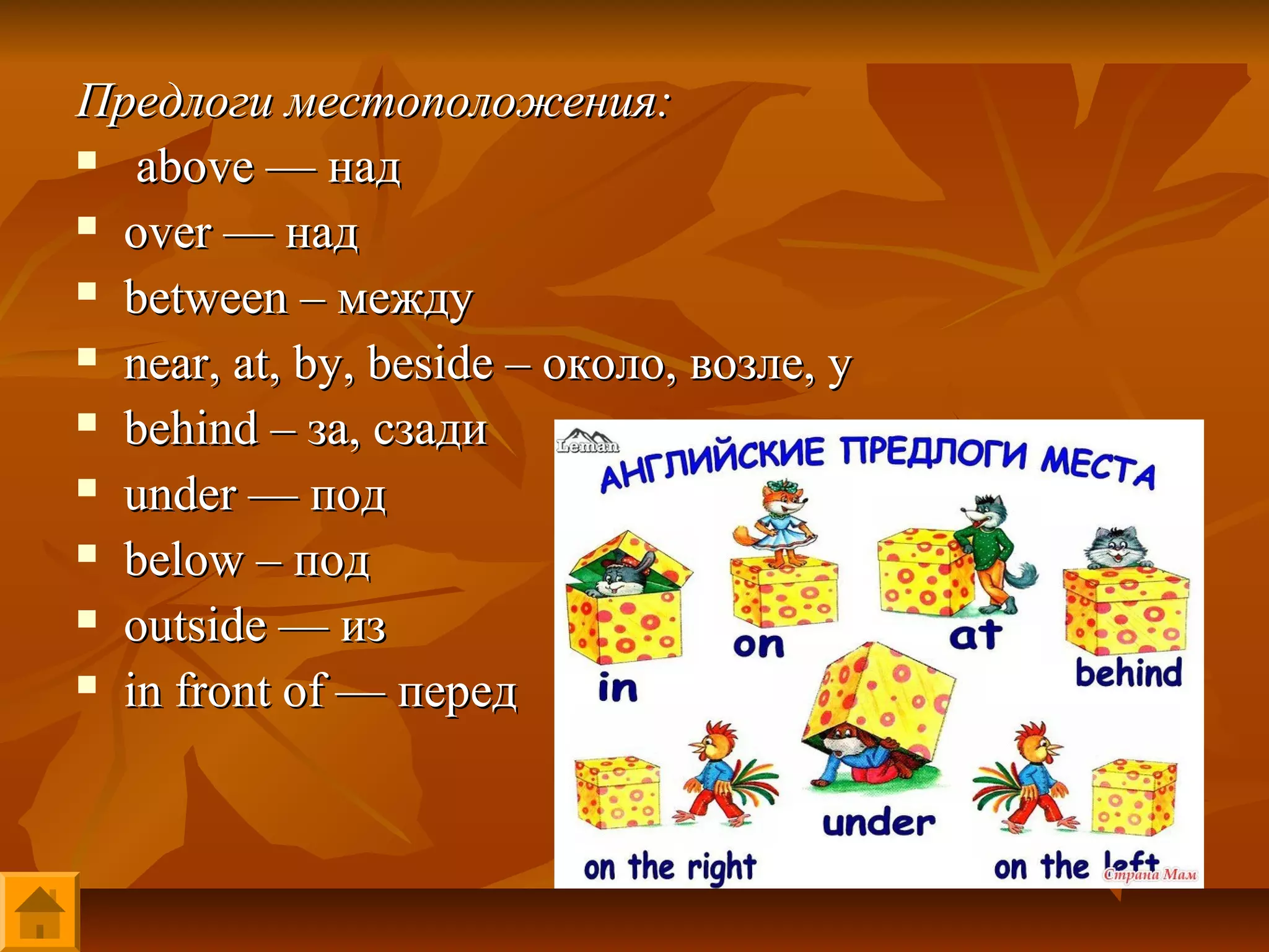 Предлоги местоположения:
 above — над

 over — над

 between – между

 near, at, by, beside – около, возле, у

 behind – за, сзади

 under — под

 below – под

 outside — из

 in front of — перед
 
