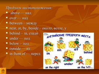 Предлоги местоположения:
 above — над

 over — над

 between – между

 near, at, by, beside – около, возле, у

 behind – за, сзади

 under — под

 below – под

 outside — из

 in front of — перед
 