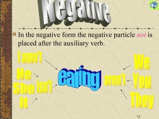 In the negative form the negative particle  not  is placed after the auxiliary verb. Negative eating I amn't He She It isn't We You They aren't 