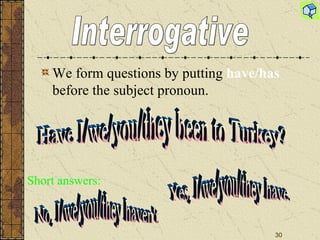 We form questions by putting  have/has  before the subject pronoun.  Interrogative Have I/we/you/they been to Turkey? Short answers : Yes, I/we/you/they have. No, I/we/you/they haven't 