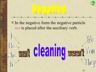 In the negative form the negative particle  not  is placed after the auxiliary verb. Negative I He She It We You They wasn't weren't cleaning 
