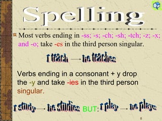 Most verbs ending in  - ss ; - s ; - ch ; - sh ; - tch ; - z ; - x ;  and  - o ;   take  -es  in the third person singular. Spelling I teach he teaches Verbs ending in a consonant + y drop the  -y  and take  -ies  in the third person  singular. I study he studies BUT : I play he plays 