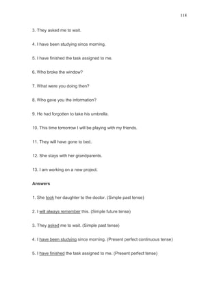 118
3. They asked me to wait.
4. I have been studying since morning.
5. I have finished the task assigned to me.
6. Who broke the window?
7. What were you doing then?
8. Who gave you the information?
9. He had forgotten to take his umbrella.
10. This time tomorrow I will be playing with my friends.
11. They will have gone to bed.
12. She stays with her grandparents.
13. I am working on a new project.
Answers
1. She took her daughter to the doctor. (Simple past tense)
2. I will always remember this. (Simple future tense)
3. They asked me to wait. (Simple past tense)
4. I have been studying since morning. (Present perfect continuous tense)
5. I have finished the task assigned to me. (Present perfect tense)
 