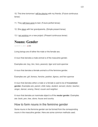 123
10. This time tomorrow I will be playing with my friends. (Future continuous
tense)
11. They will have gone to bed. (Future perfect tense)
12. She stays with her grandparents. (Simple present tense)
13. I am working on a new project. (Present continuous tense)
Nouns: Gender
AUGUST 11, 2015 -
Living beings are of either the male or the female sex.
A noun that denotes a male animal is of the masculine gender.
Examples are: boy, lion, hero, peacock, tiger and cock-sparrow
A noun that denotes a female animal is of the feminine gender.
Examples are: girl, lioness, heroine, peahen, tigress, and hen sparrow
A noun that denotes either a male or a female is said to be of thecommon
gender. Examples are: parent, child, baby, student, servant, doctor, teacher,
singer, dancer, enemy, friend, cousin and neighbor
A noun that denotes an inanimate object is of the neuter gender. Examples
are: book, pen, tree, stone, house and country
How to form nouns in the feminine gender
Some nouns in the feminine gender can be formed from the corresponding
nouns in the masculine gender. Here are some common methods used.
 