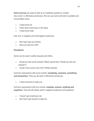 151
Some and any are used to refer to an indefinite quantity or number.
Use ‘some’ in affirmative sentences. We can use some with both countable and
uncountable nouns.
• I need some oil.
• There were some boys in the class.
• I need some help.
Use ‘any’ in negative and interrogative sentences.
• She hasn’t got any friends.
• Have you got any milk?
Exceptions
Some can be used in polite requests and offers.
• Would you like some cheese? (More natural than ‘Would you like any
cheese?’)
• Could I have some more rice? (Polite request)
Common expressions with some include: somebody, someone, something
and somewhere. They are all used in affirmative sentences.
• I need someone to help you.
Common expressions with any include: anybody, anyone, anything and
anywhere. They are all mainly used in negative sentences and questions.
• I haven’t got anything to do.
• She hasn’t got anyone to help her.
 