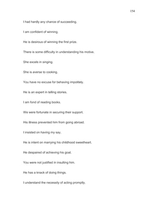 154
I had hardly any chance of succeeding.
I am confident of winning.
He is desirous of winning the first prize.
There is some difficulty in understanding his motive.
She excels in singing.
She is averse to cooking.
You have no excuse for behaving impolitely.
He is an expert in telling stories.
I am fond of reading books.
We were fortunate in securing their support.
His illness prevented him from going abroad.
I insisted on having my say.
He is intent on marrying his childhood sweetheart.
He despaired of achieving his goal.
You were not justified in insulting him.
He has a knack of doing things.
I understand the necessity of acting promptly.
 