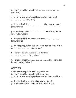 19
2. I can’t bear the thought of ……………………. leaving.
(his/him)
3. An argument developed between his sister and
…………………….. (he/him)
4. Do you think it is ………………….. who have arrived?
(they/them)
5. Jane is the person …………………….. I think spoke to
you. (who/whom)
6. We don’t think we are as strong as …………………….
(they/them)
7. We are going to the movies. Would you like to come
with ………………………. (we / us)?
8. I cannot believe that she is older than
………………………… (he / him).
9. I am not as rich as …………………………, but I am a lot
happier. (they / them)
Answers
1. Diana is one player who may beat me.
2. I can’t bear the thought of his leaving.
3. An argument developed between his sister and him.
4. Do you think it is they who have arrived?
5. Jane is the person who I think spoke to you.
 