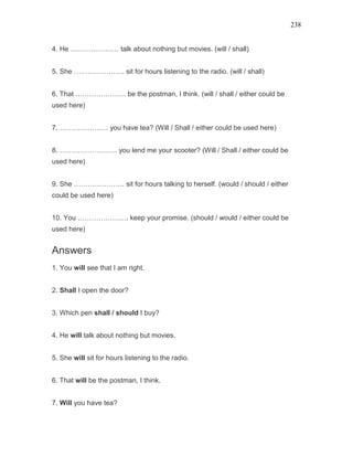 238
4. He ………………… talk about nothing but movies. (will / shall)
5. She …………………. sit for hours listening to the radio. (will / shall)
6. That …………………. be the postman, I think. (will / shall / either could be
used here)
7. ………………… you have tea? (Will / Shall / either could be used here)
8. ……………………. you lend me your scooter? (Will / Shall / either could be
used here)
9. She …………………. sit for hours talking to herself. (would / should / either
could be used here)
10. You …………………. keep your promise. (should / would / either could be
used here)
Answers
1. You will see that I am right.
2. Shall I open the door?
3. Which pen shall / should I buy?
4. He will talk about nothing but movies.
5. She will sit for hours listening to the radio.
6. That will be the postman, I think.
7. Will you have tea?
 