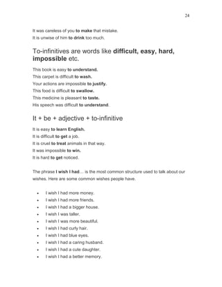 24
It was careless of you to make that mistake.
It is unwise of him to drink too much.
To-infinitives are words like difficult, easy, hard,
impossible etc.
This book is easy to understand.
This carpet is difficult to wash.
Your actions are impossible to justify.
This food is difficult to swallow.
This medicine is pleasant to taste.
His speech was difficult to understand.
It + be + adjective + to-infinitive
It is easy to learn English.
It is difficult to get a job.
It is cruel to treat animals in that way.
It was impossible to win.
It is hard to get noticed.
The phrase I wish I had… is the most common structure used to talk about our
wishes. Here are some common wishes people have.
• I wish I had more money.
• I wish I had more friends.
• I wish I had a bigger house.
• I wish I was taller.
• I wish I was more beautiful.
• I wish I had curly hair.
• I wish I had blue eyes.
• I wish I had a caring husband.
• I wish I had a cute daughter.
• I wish I had a better memory.
 