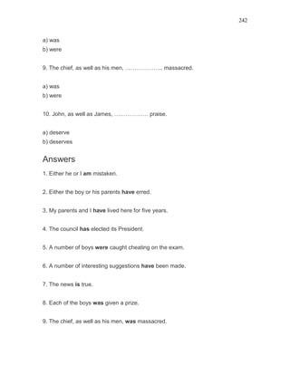 242
a) was
b) were
9. The chief, as well as his men, ……………….. massacred.
a) was
b) were
10. John, as well as James, ……………… praise.
a) deserve
b) deserves
Answers
1. Either he or I am mistaken.
2. Either the boy or his parents have erred.
3. My parents and I have lived here for five years.
4. The council has elected its President.
5. A number of boys were caught cheating on the exam.
6. A number of interesting suggestions have been made.
7. The news is true.
8. Each of the boys was given a prize.
9. The chief, as well as his men, was massacred.
 
