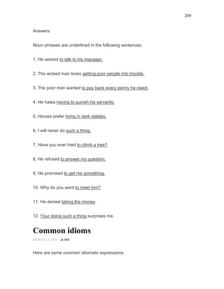 269
Answers
Noun phrases are underlined in the following sentences.
1. He wished to talk to his manager.
2. The wicked man loves getting poor people into trouble.
3. The poor man wanted to pay back every penny he owed.
4. He hates having to punish his servants.
5. Horses prefer living in dark stables.
6. I will never do such a thing.
7. Have you ever tried to climb a tree?
8. He refused to answer my question.
9. He promised to get me something.
10. Why do you want to meet him?
11. He denied taking the money.
12. Your doing such a thing surprises me.
Common idioms
MARCH 13, 2016 -
Here are some common idiomatic expressions.
 